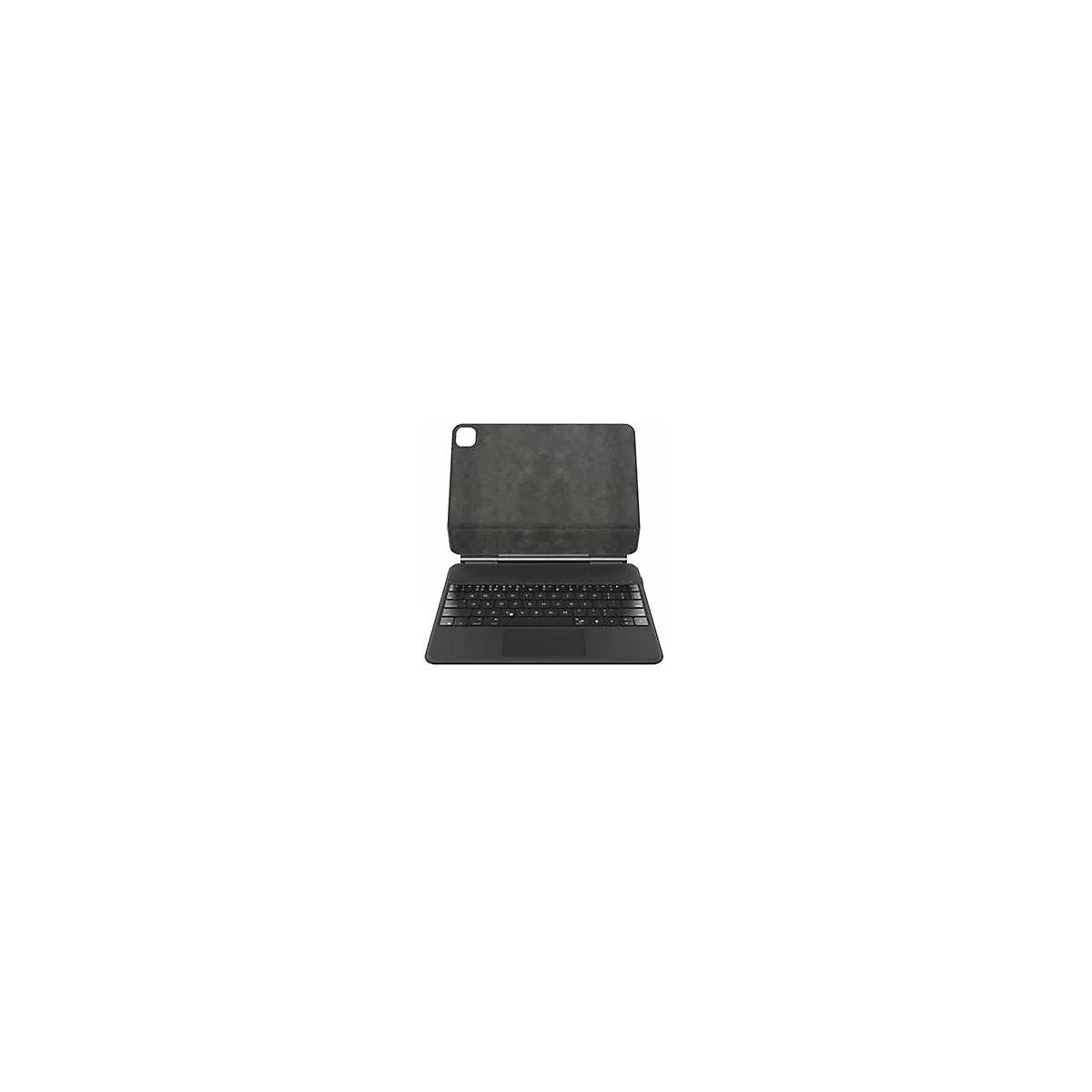 Étui de tablette noir avec clavier. L'étui est ouvert, le clavier est exposé. Une housse de protection est visible dans la partie supérieure.