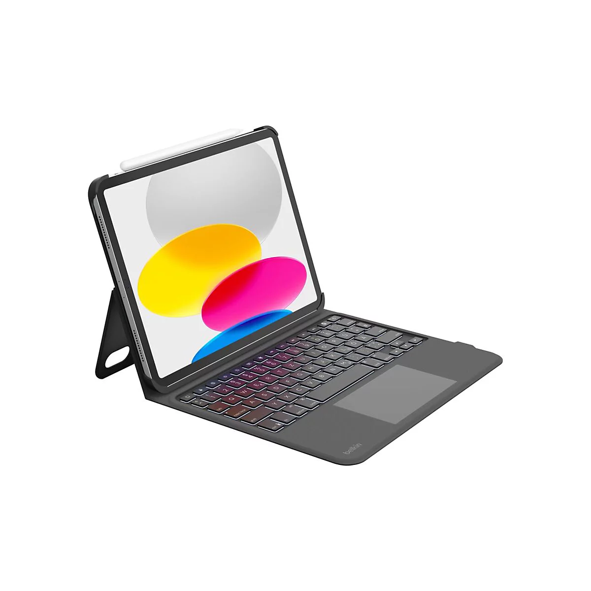 Ein iPad mit grauem Gehäuse und Tastatur, weißem Stift, Display mit Farbverlauf.