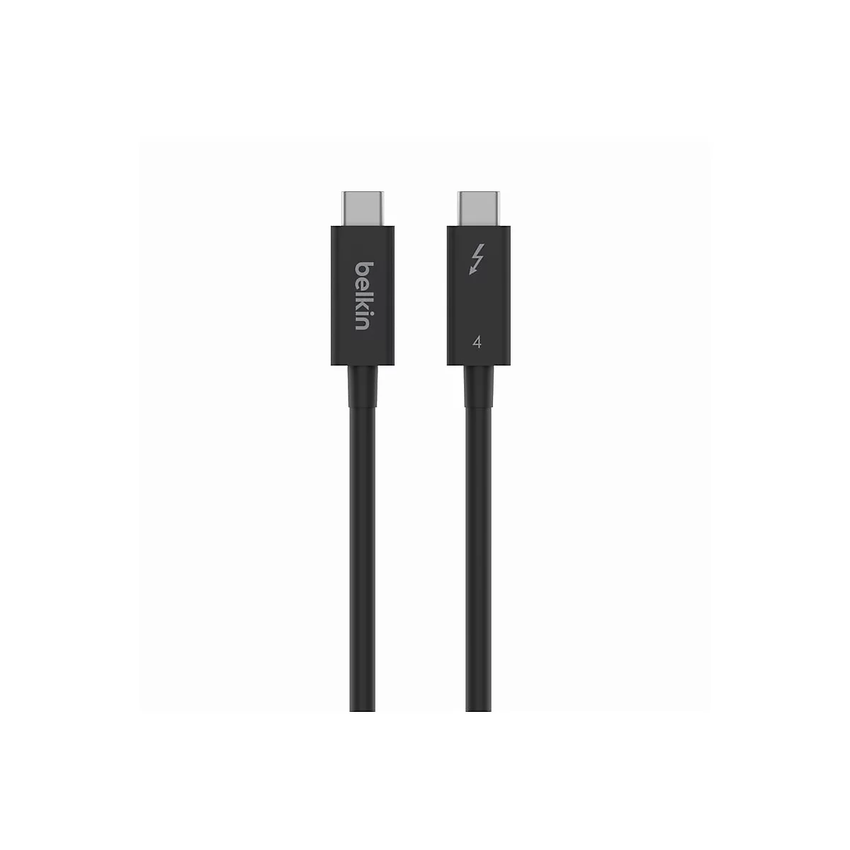 Zwei schwarze USB-C Stecker eines Belkin Thunderbolt 4 Kabels vor weißem Hintergrund.