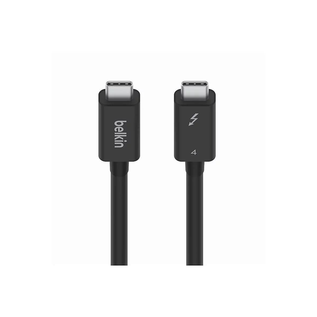 Zwei schwarze USB-C Stecker eines Belkin Thunderbolt 4 Kabels vor weißem Hintergrund.