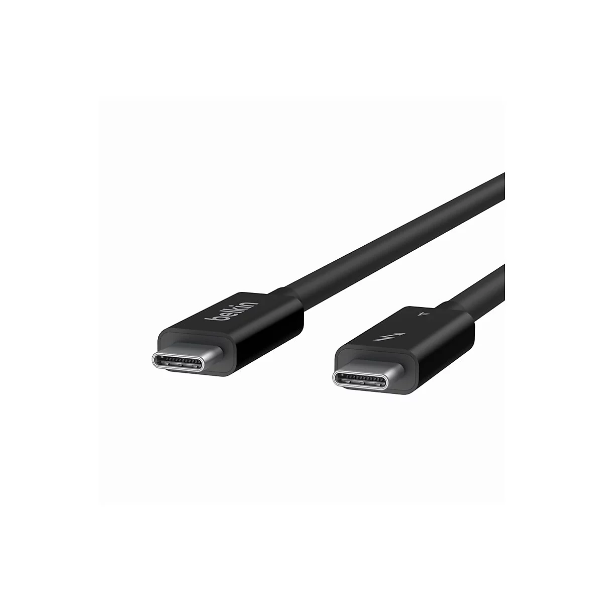 Ein schwarzes Thunderbolt-Kabel mit "belkin"-Aufdruck. Ein Blitzsymbol ist auf einem der Stecker zu sehen.