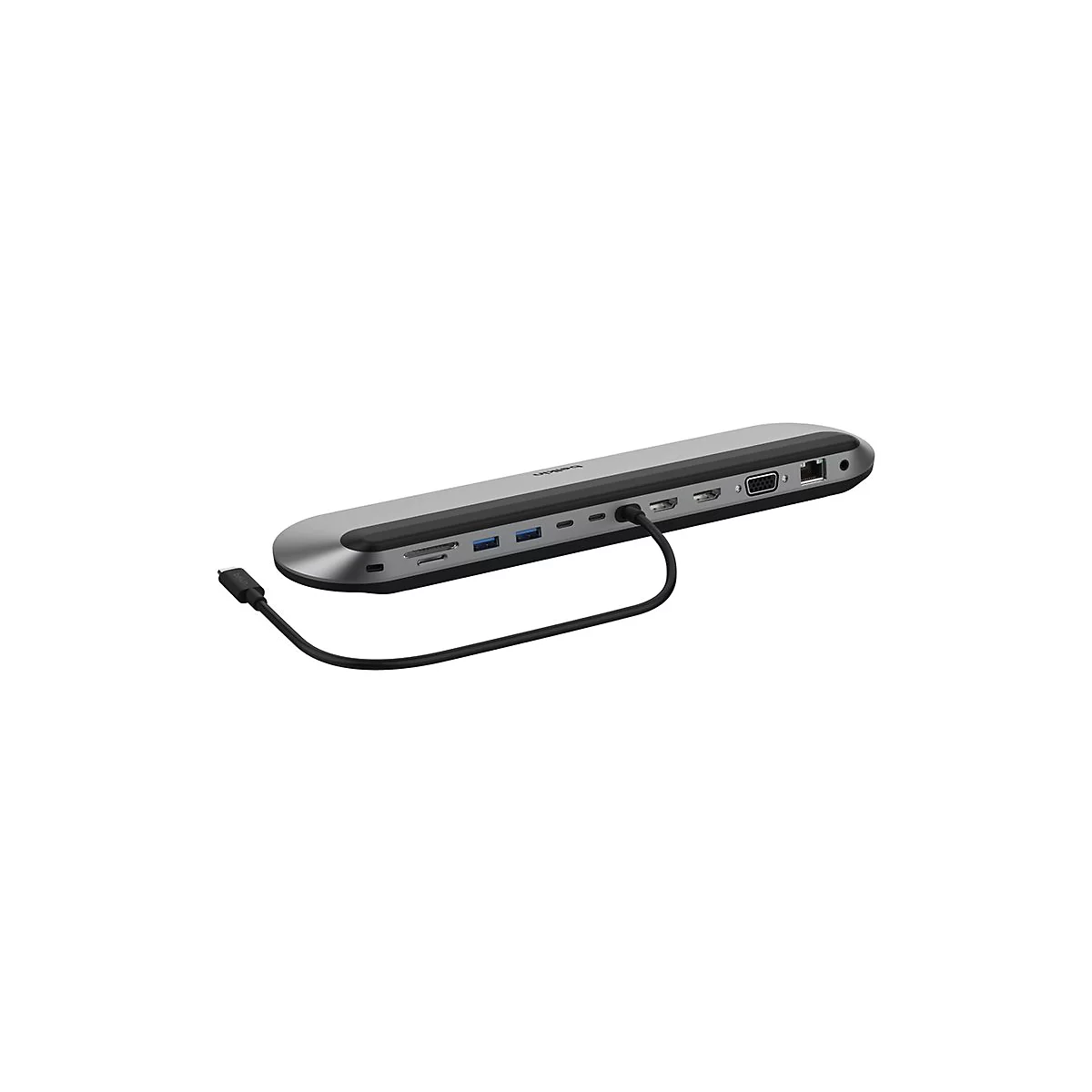 Grau-schwarzer USB-C-Hub auf weißem Hintergrund, mit diversen Anschlüssen, Kabel ist angeschlossen.