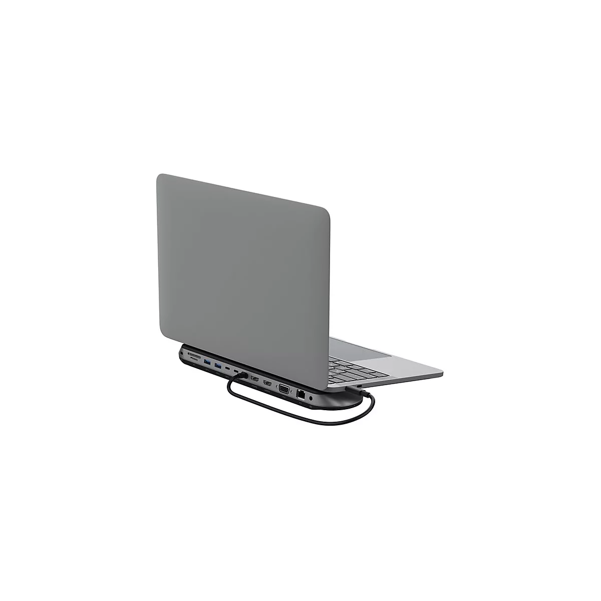 Grauer Laptop mit einem Multiport-Adapter. Der Adapter ist an den Laptop angeschlossen und bietet verschiedene Anschlüsse.
