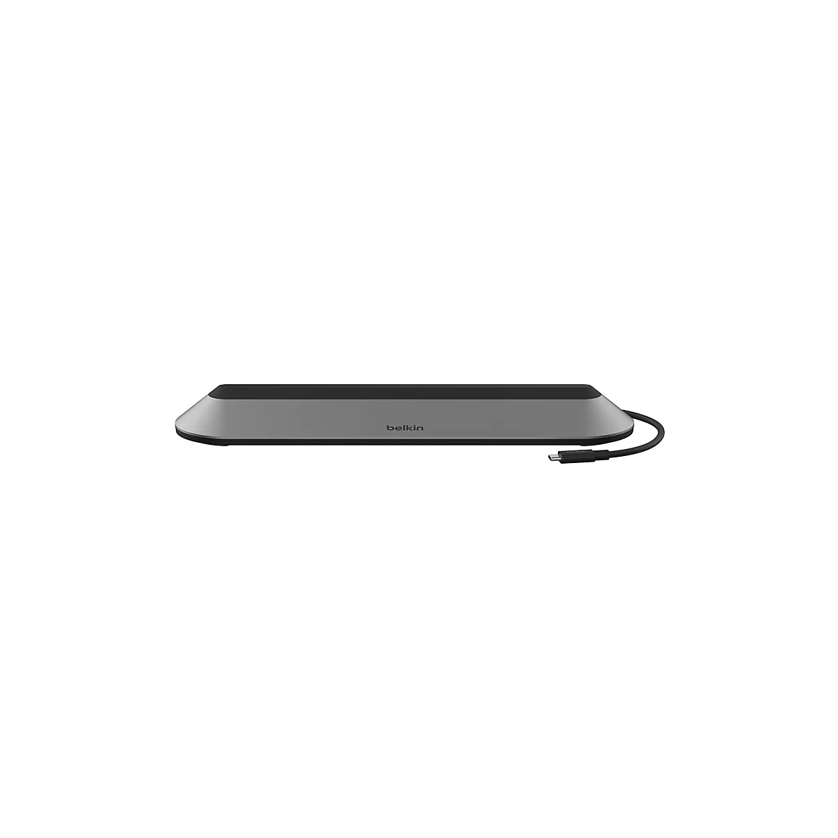 Graues Belkin-Docking-Gerät mit USB-C-Kabel. Der Schriftzug Belkin ist auf dem Produkt zu sehen.