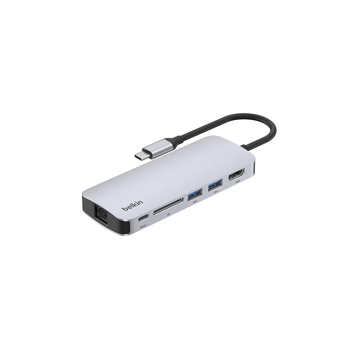 Silberner USB-C-Hub mit Belkin-Logo und verschiedenen Anschlüssen. Der Hub ist mit einem schwarzen Kabel verbunden.
