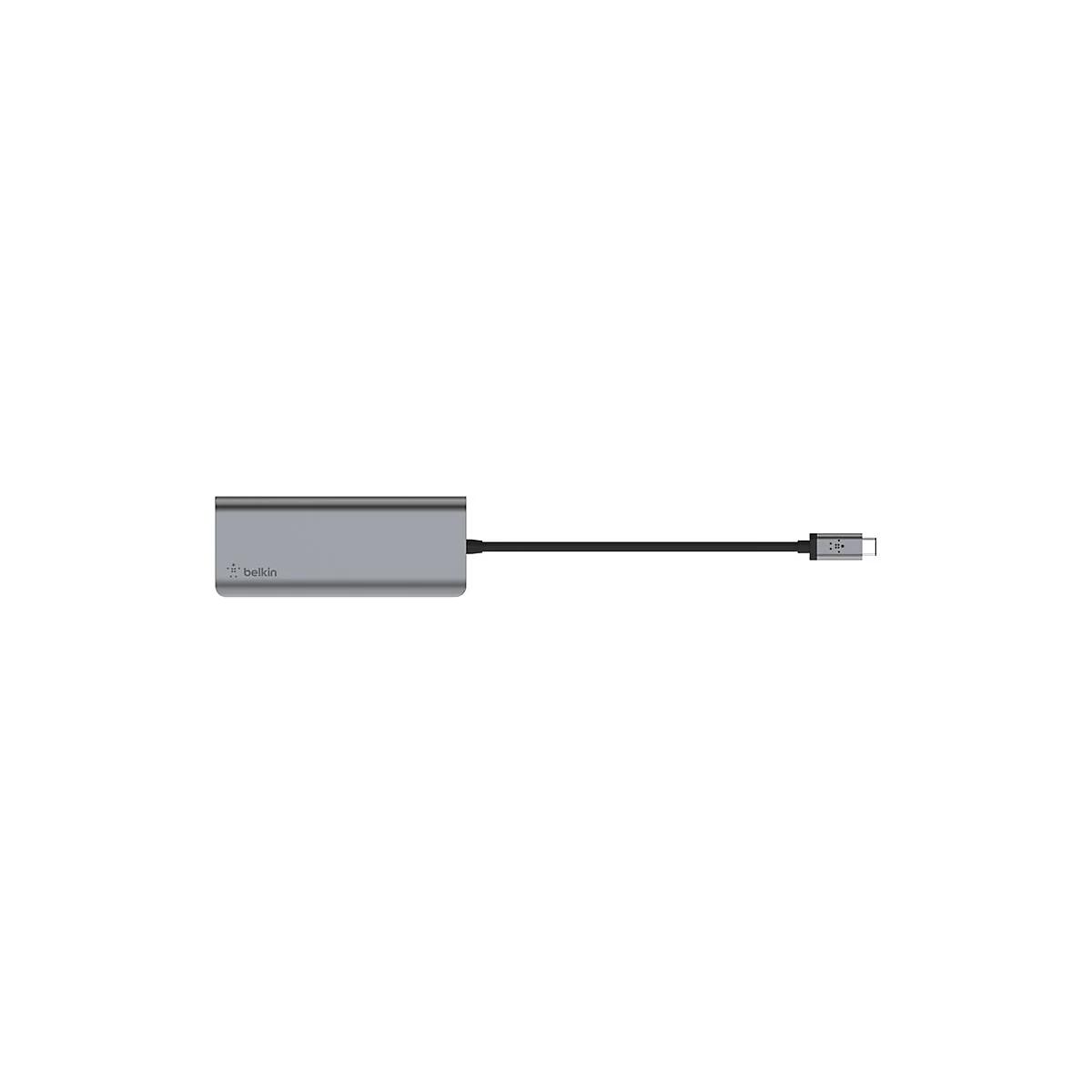 Grauer USB-C-Hub von Belkin. Quadratischer Hub mit Kabel und USB-C-Anschluss.