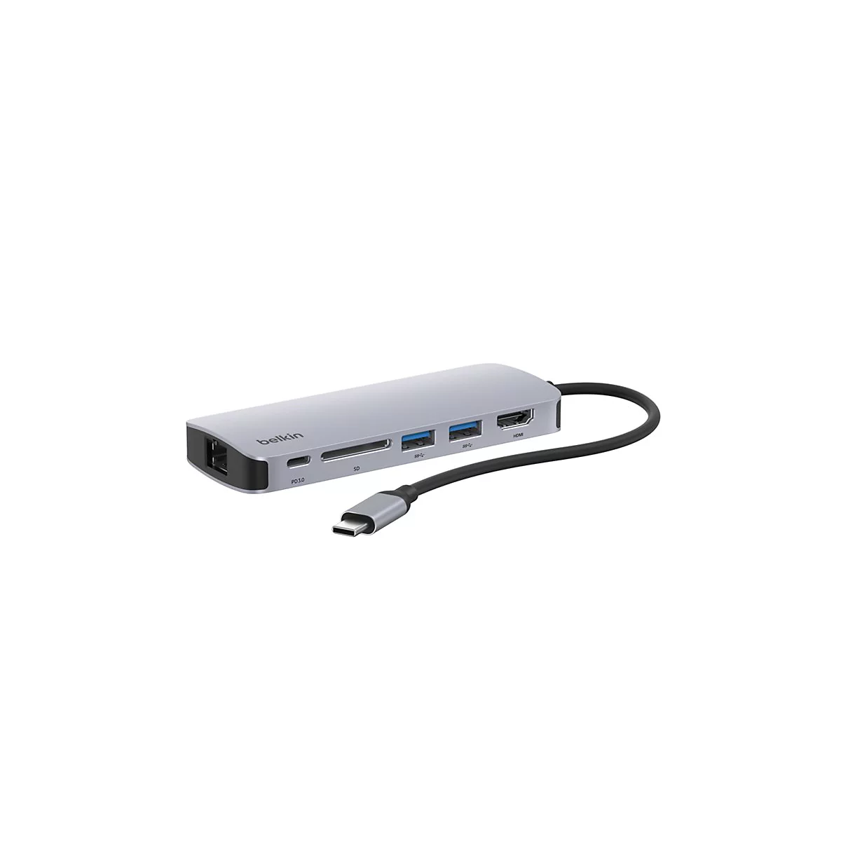Silberner Belkin USB-C-Hub, Kabel mit USB-C-Anschluss, verschiedene Anschlüsse.