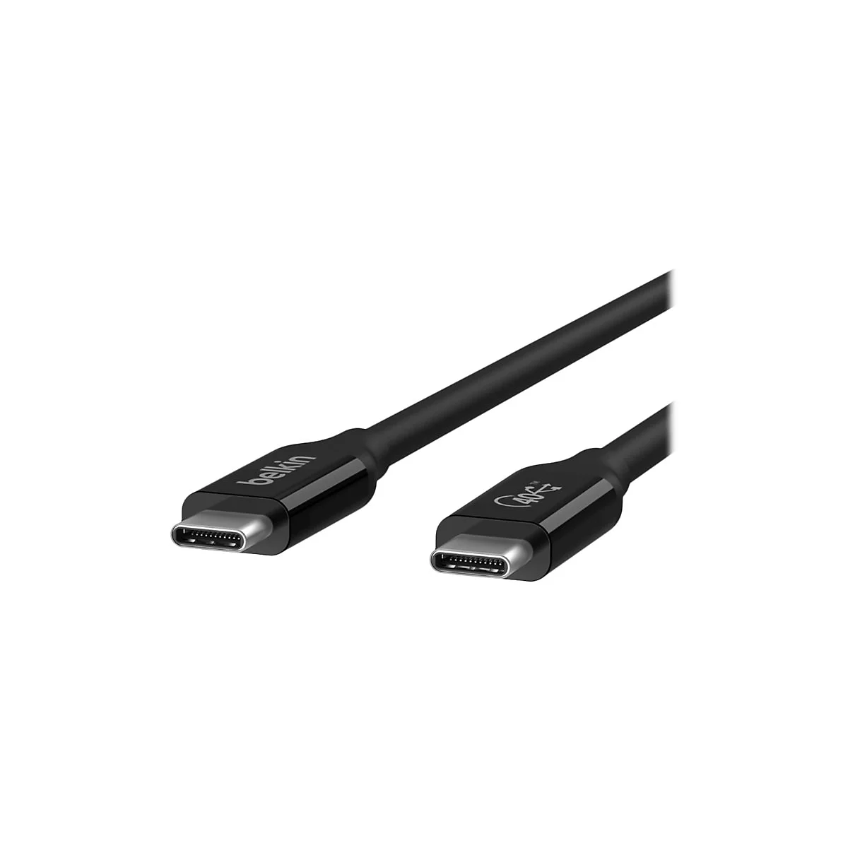 Schwarzes USB-C-Kabel von Belkin. Zwei Stecker mit Belkin-Logo und USB-Symbol. Auf weißem Hintergrund.