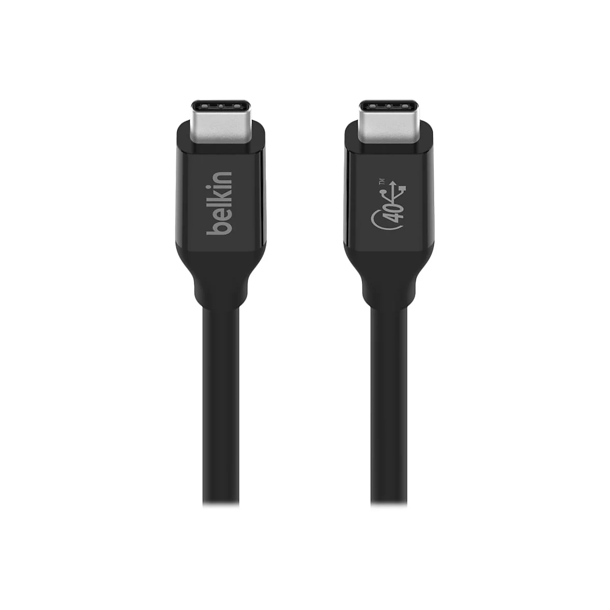 Zwei schwarze USB-C-Kabel nebeneinander, eines mit Belkin-Logo, eines mit "40" und einem Blitz-Symbol.