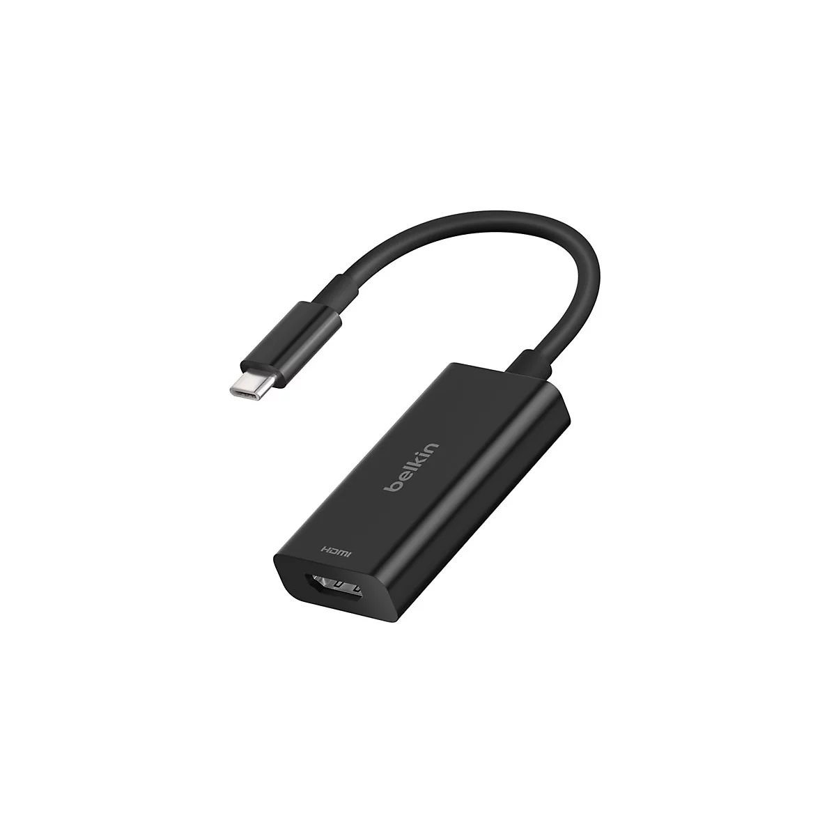Schwarzer Belkin HDMI Adapter mit USB-C Stecker. HDMI Anschluss unten, USB-C oben. Belkin Logo.