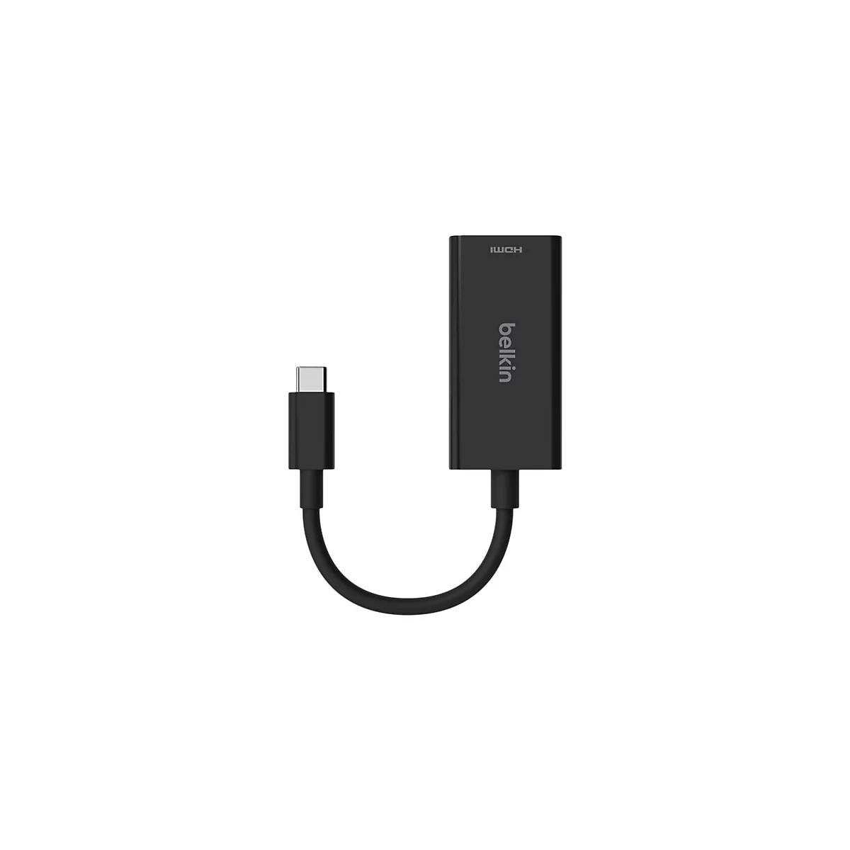 Schwarzer HDMI-Adapter von Belkin, mit USB-C-Anschluss. HDMI-Logo oben links, Belkin-Schriftzug rechts.