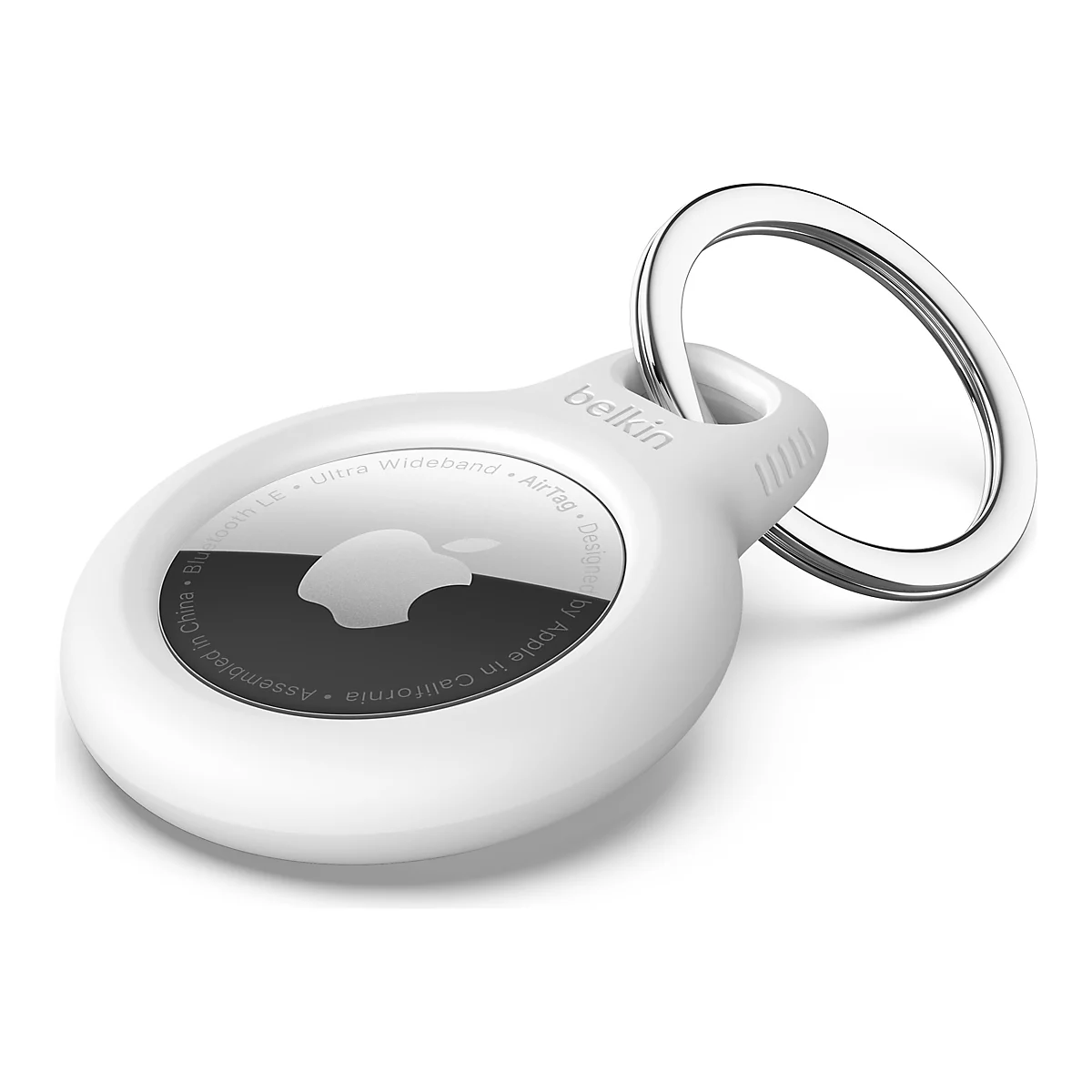Un AirTag Belkin blanc avec un porte-clés argenté. L'AirTag comporte le logo Apple et des étiquettes telles que "Ultra Wideband".