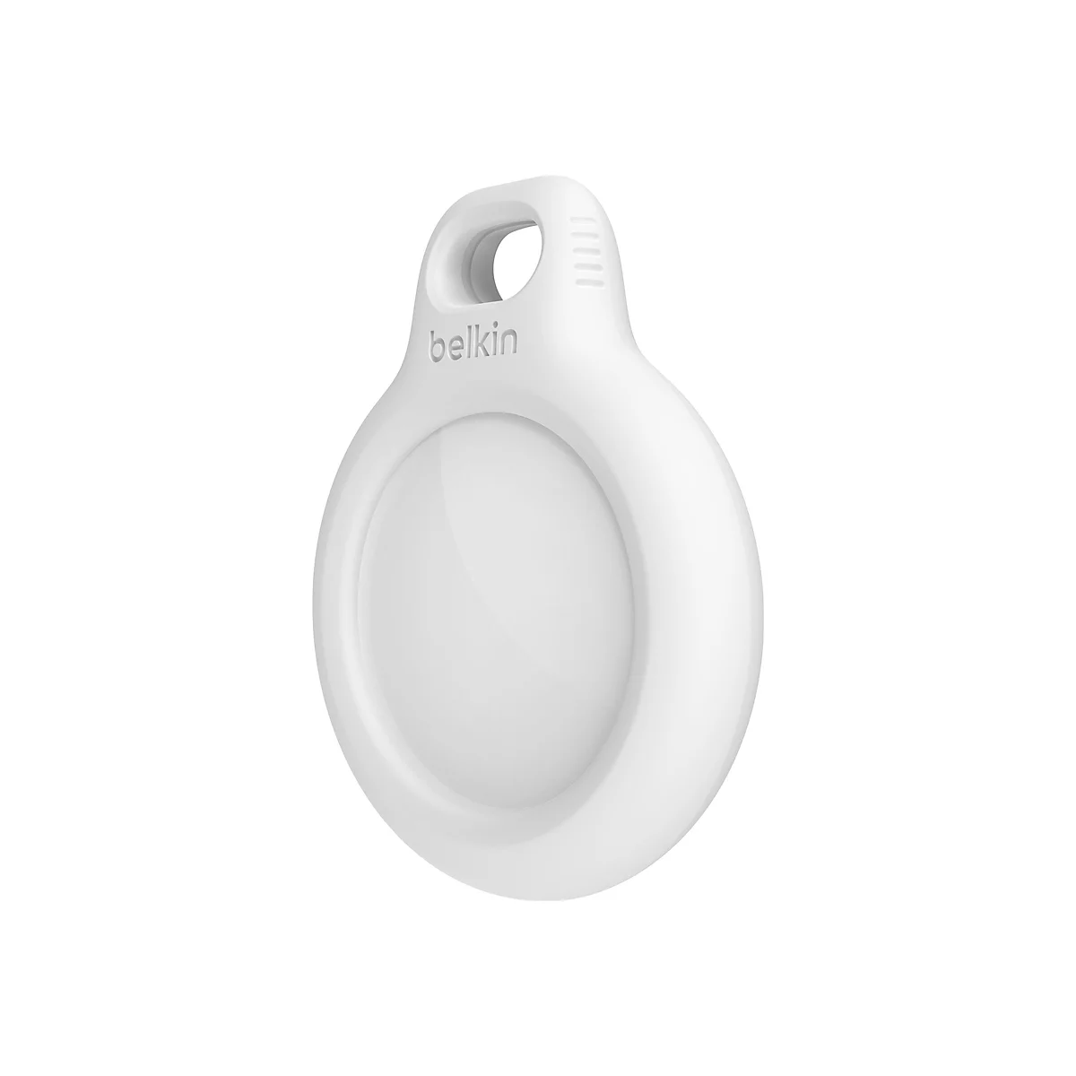 Tracker Belkin blanc, rond avec un trou et le logo Belkin.