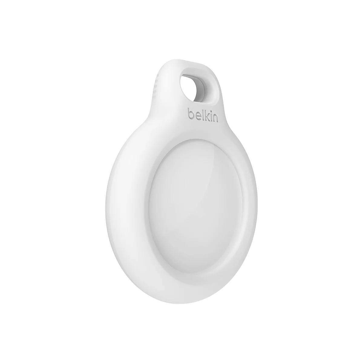 Un tracker Belkin blanc sur fond blanc. Le tracker est rond avec un dessus arrondi percé d'un trou. Le dessus arrondi porte la mention "belkin".