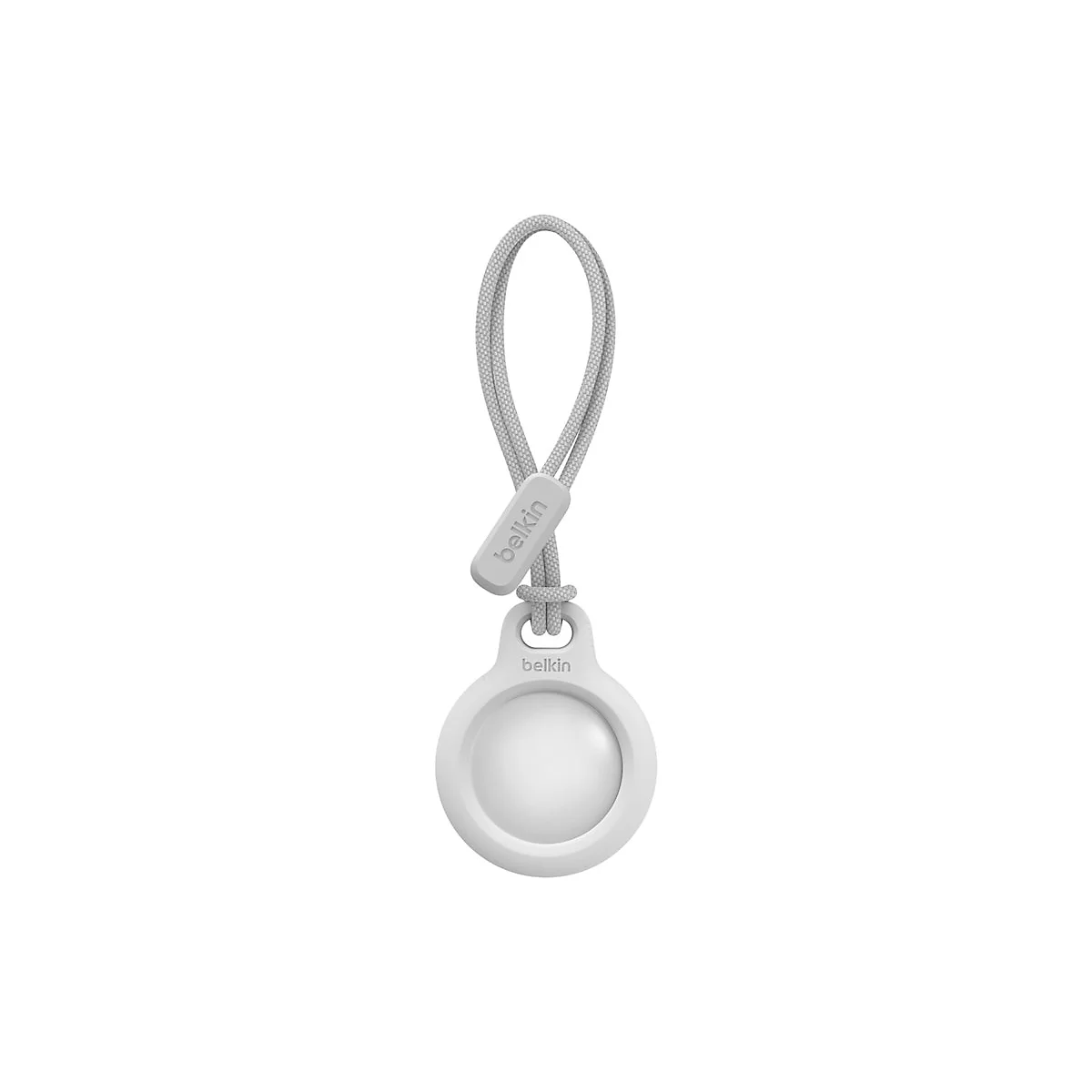 Accessoire Belkin AirTag gris clair avec cordon et pendentif. Le pendentif a un design rond.