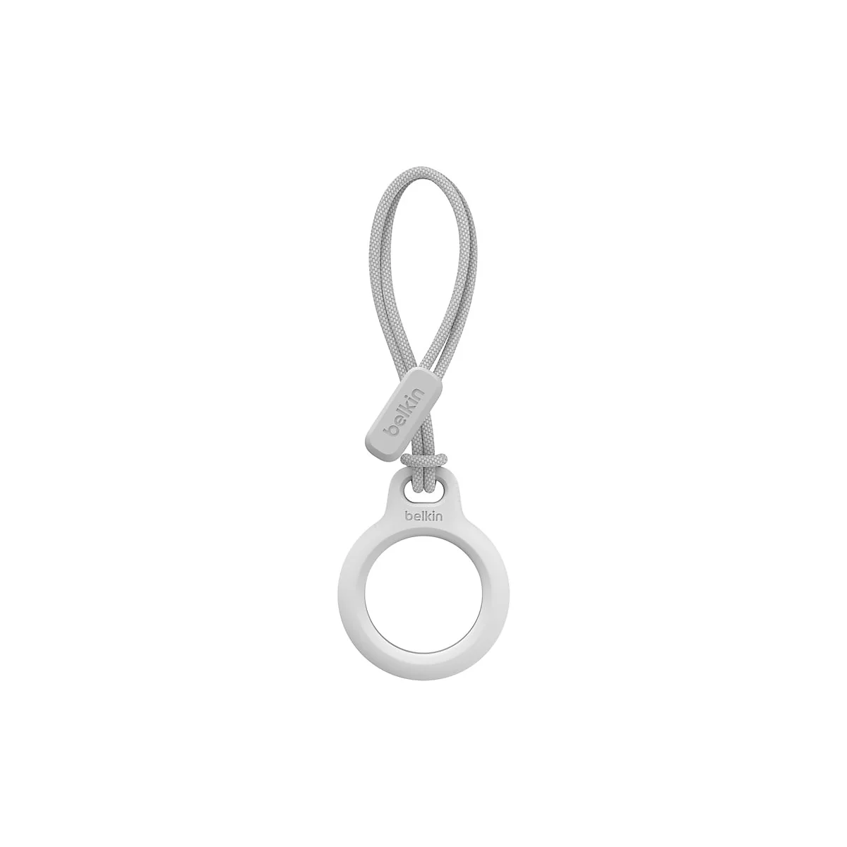 Accessoire Belkin gris clair pour AirTag, avec boucle. Le nom de la marque est visible.