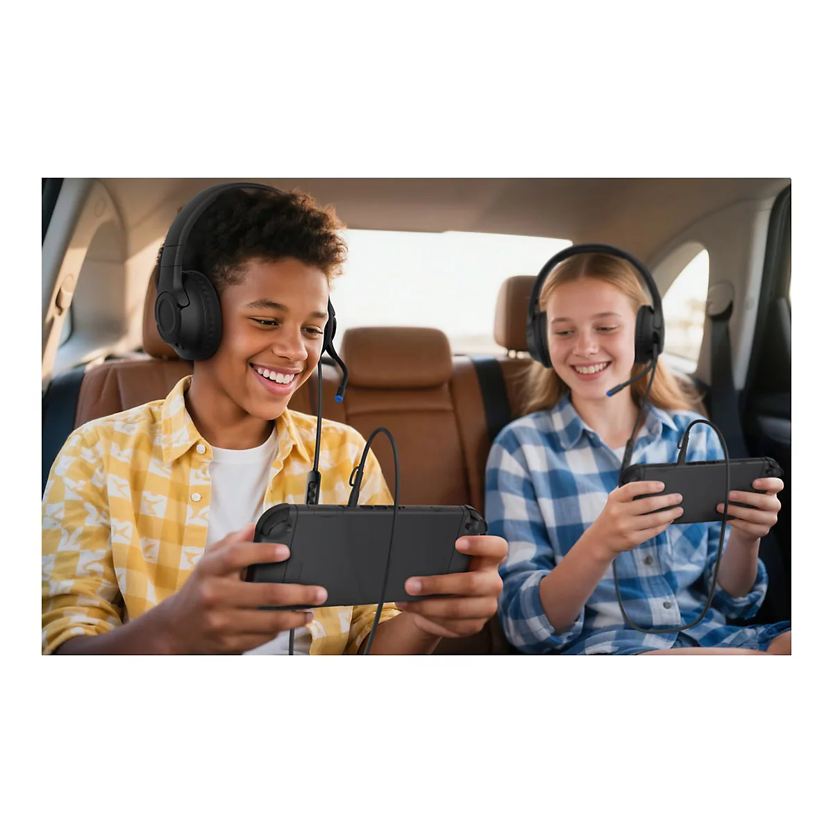 Zwei Jugendliche sitzen im Auto und spielen mit Kopfhörern Videospiele. Sie lächeln und wirken glücklich.