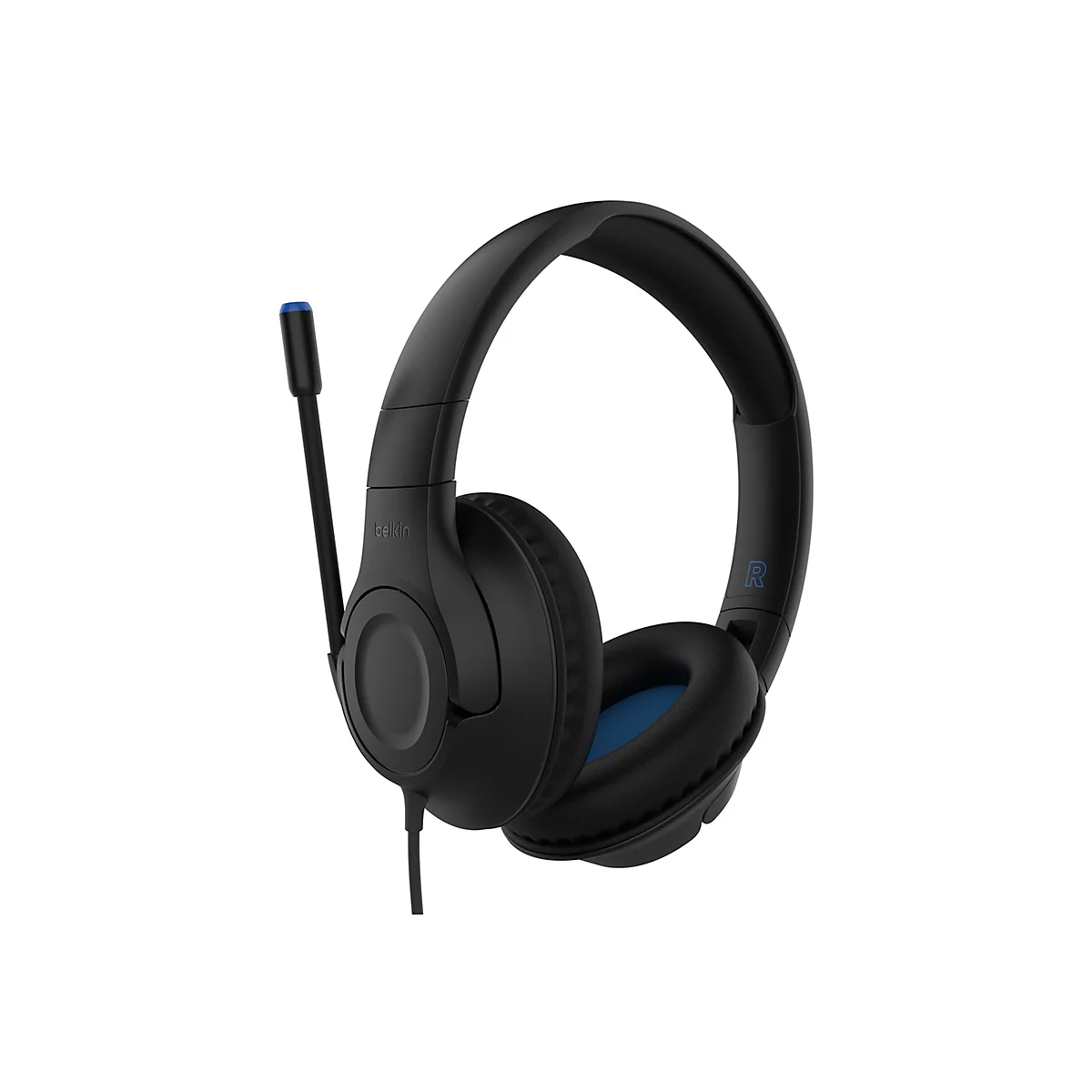Schwarzes Gaming-Headset mit Mikrofon. Auf den Ohrmuscheln ist „R" markiert und „belkin" steht auf dem Bügel. Die Mikrophonspitze ist blau.