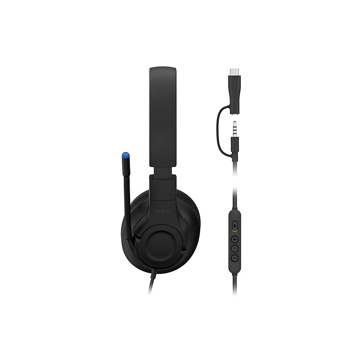 Schwarzes Belkin-Headset mit USB-C-Anschluss und Mikrofon, vor weißem Hintergrund. Steuerung am Kabel.
