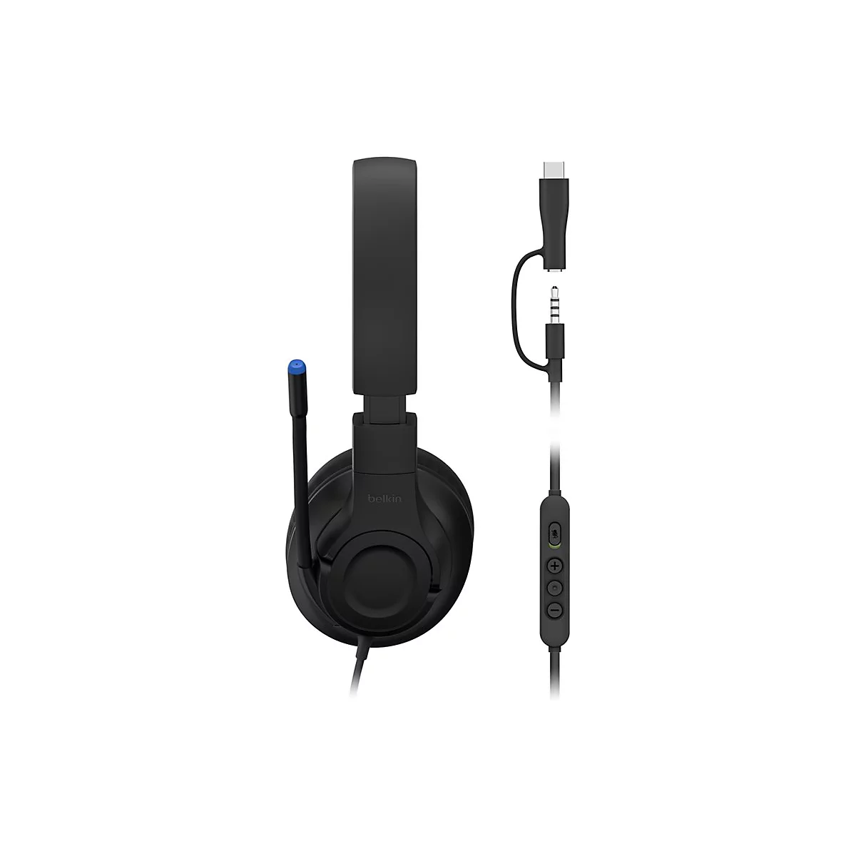 Schwarzes Headset mit USB-C-Anschluss und Mikrofon, Kabel mit Fernbedienung. Auf dem Kopfhörer steht „Belkin“. Auf weißem Hintergrund.