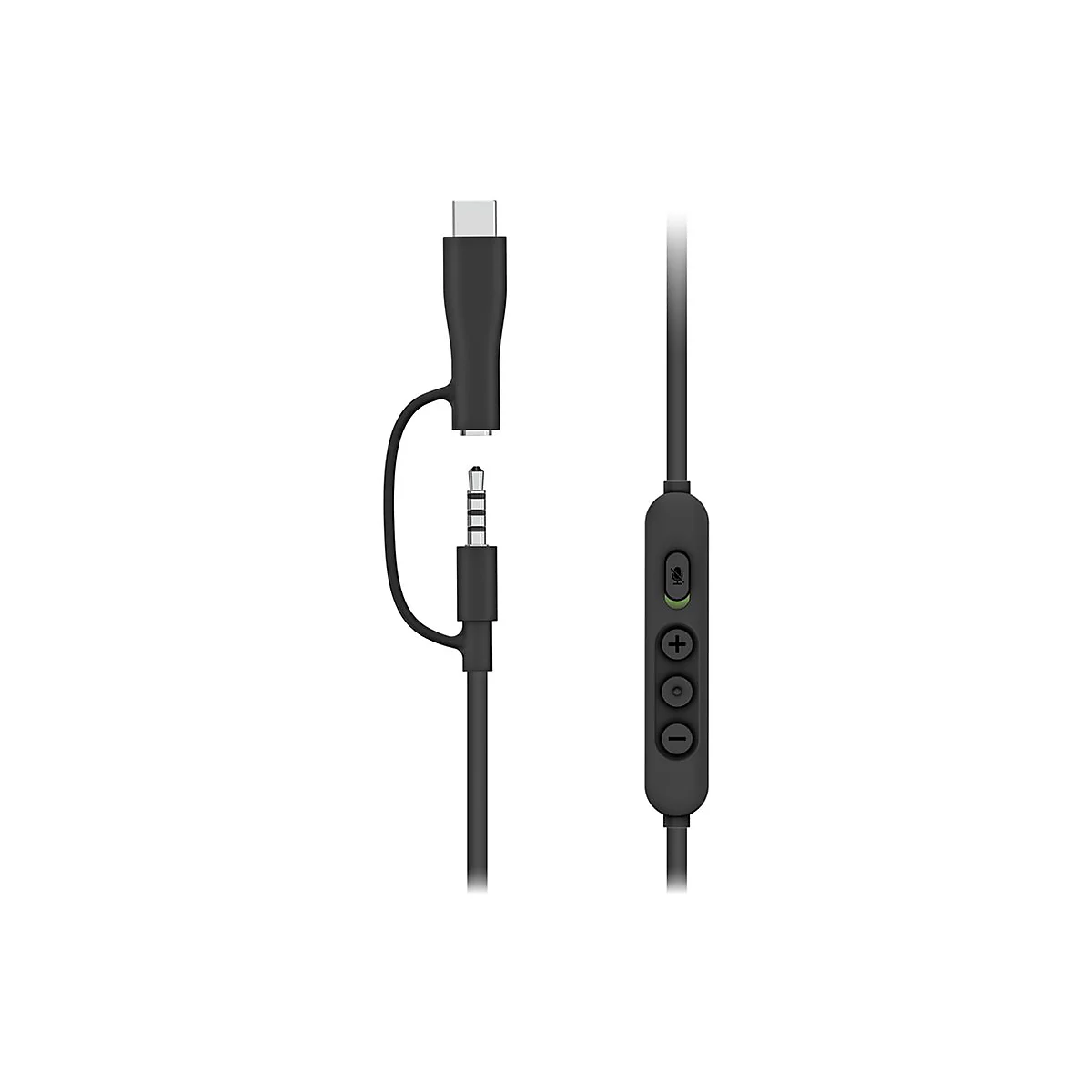Câble audio noir avec connecteurs USB-C et jack 3,5 mm. Panneau de commande avec boutons de microphone et de volume.