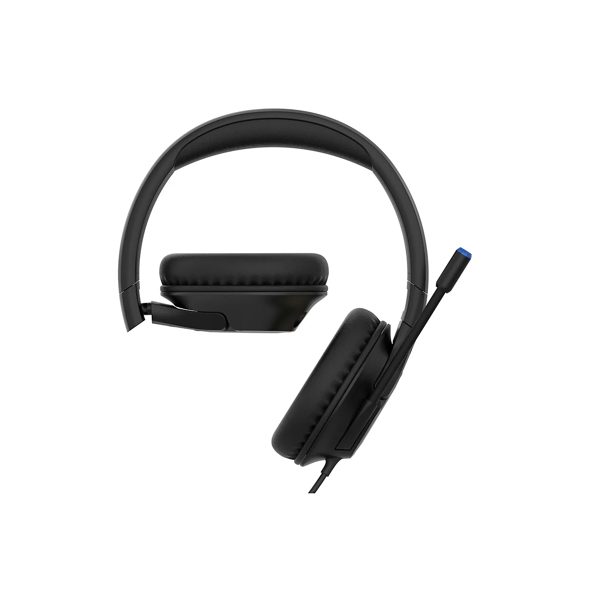 Gros plan détaillé d'un casque noir. Coussinets, microphone, câble, accent bleu.