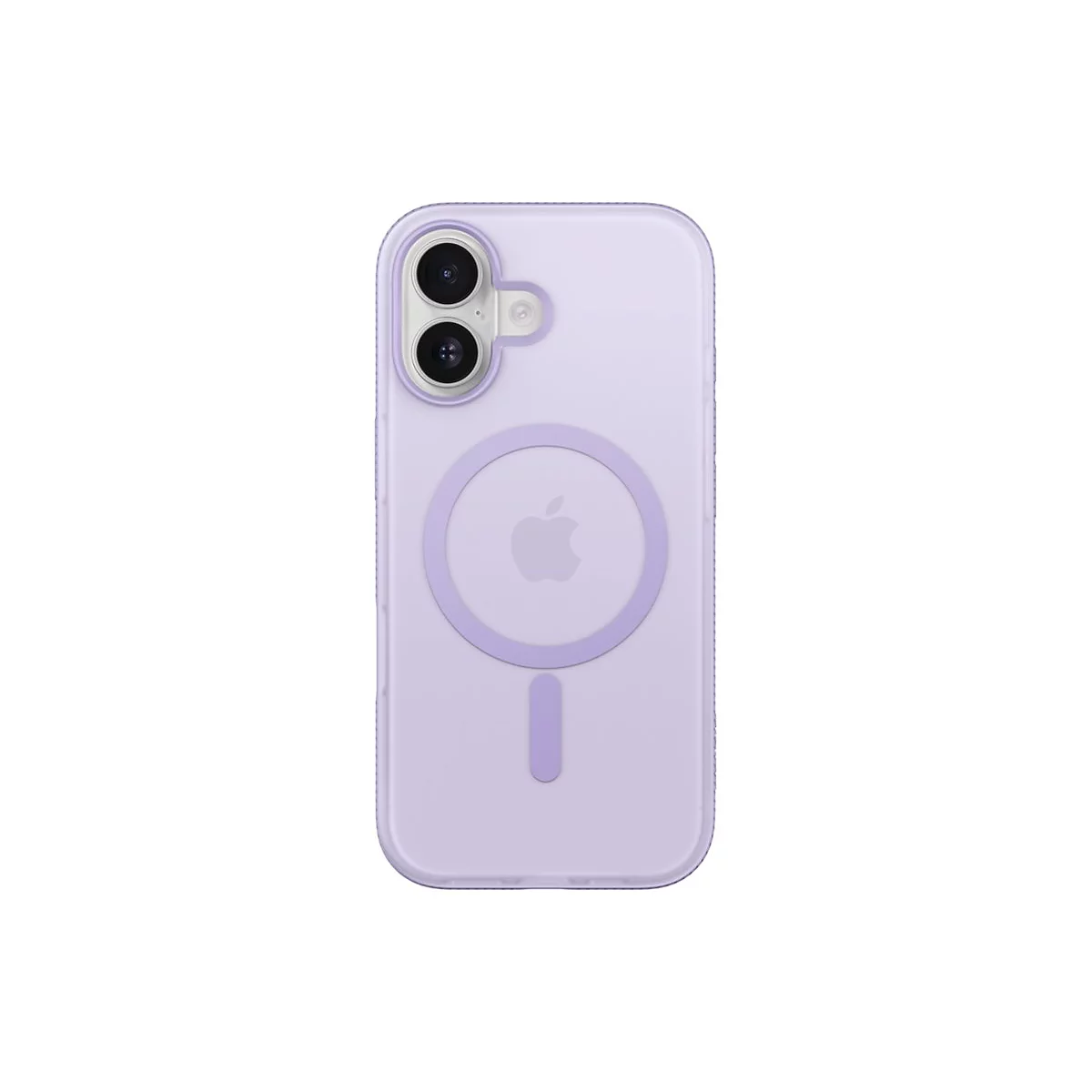 Une coque de téléphone violet clair, avec un logo Apple et un design circulaire.