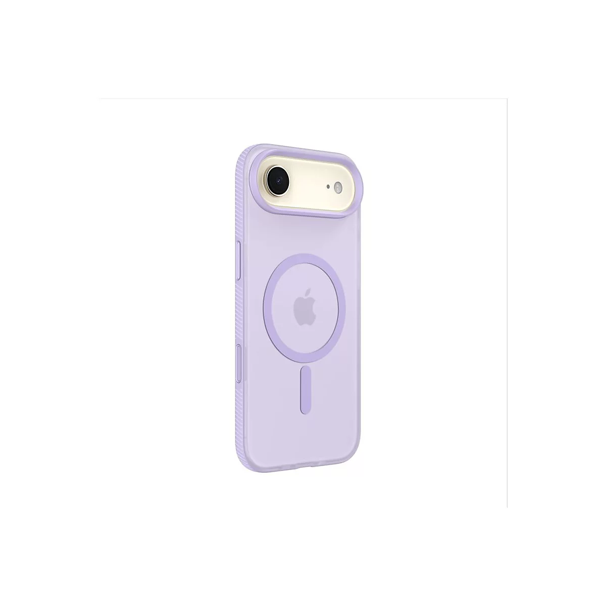 Coque d'iPhone lilas clair avec découpe pour appareil photo et logo Apple. Le fond est blanc.
