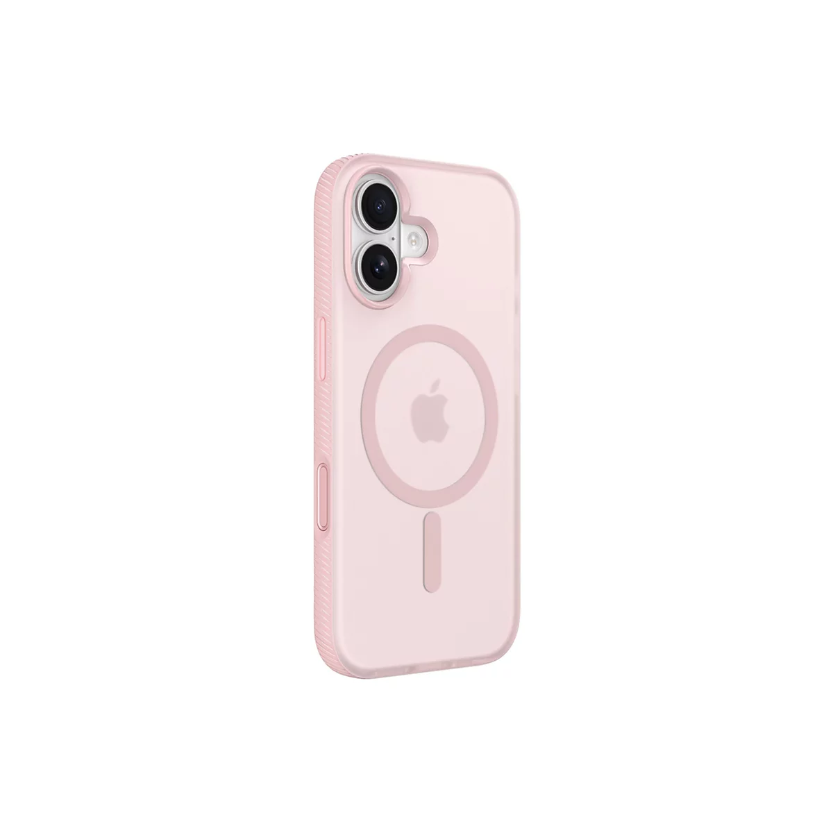 Coque de téléphone rose clair avec logo Apple et anneau magnétique. L'étui montre le module caméra, les boutons latéraux et les découpes.