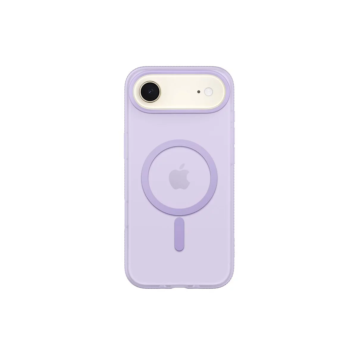 Coque d'iPhone violet clair avec logo Apple et appareil photo. Fond blanc.