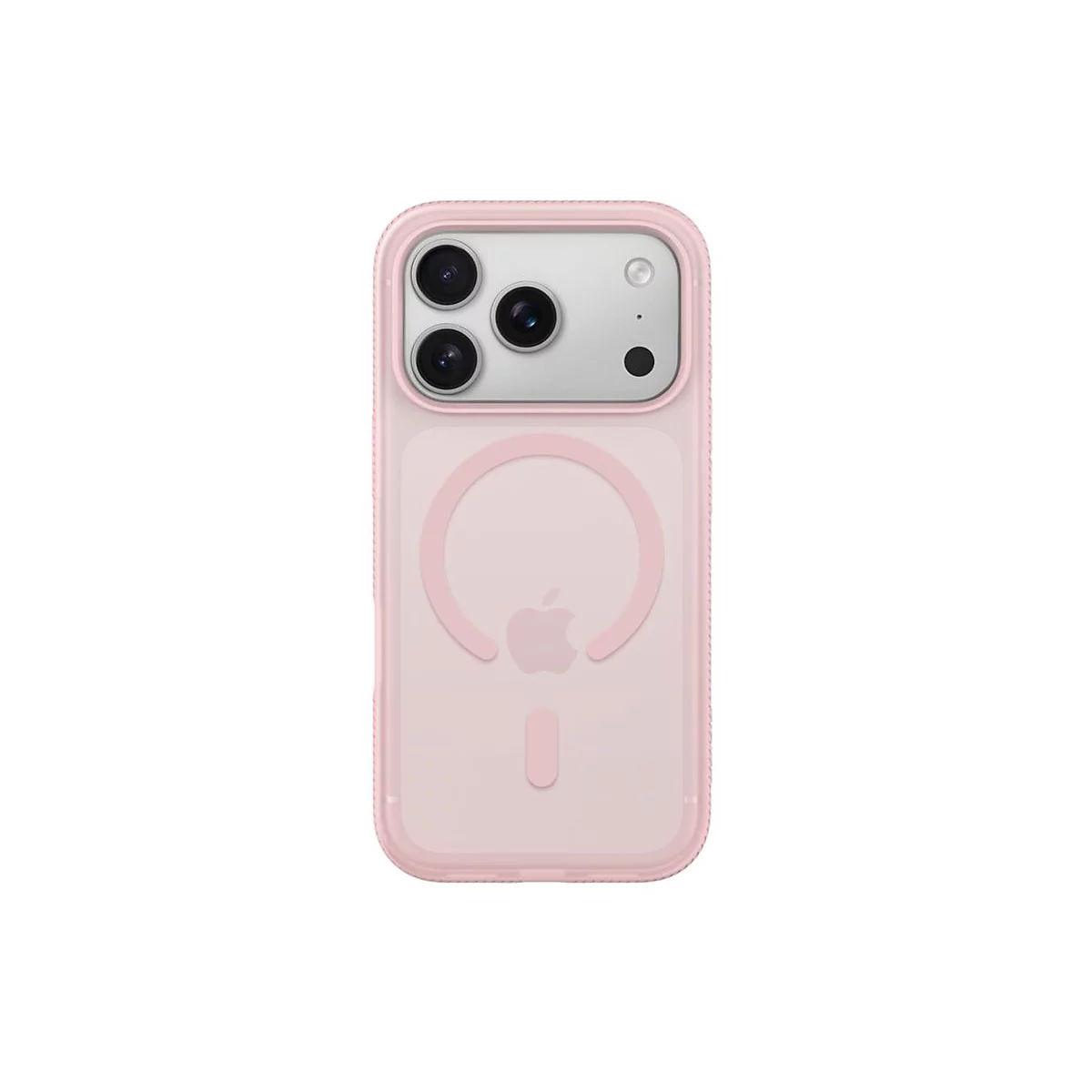 Coque de téléphone rose clair pour un iPhone, caméra et logo Apple visibles.