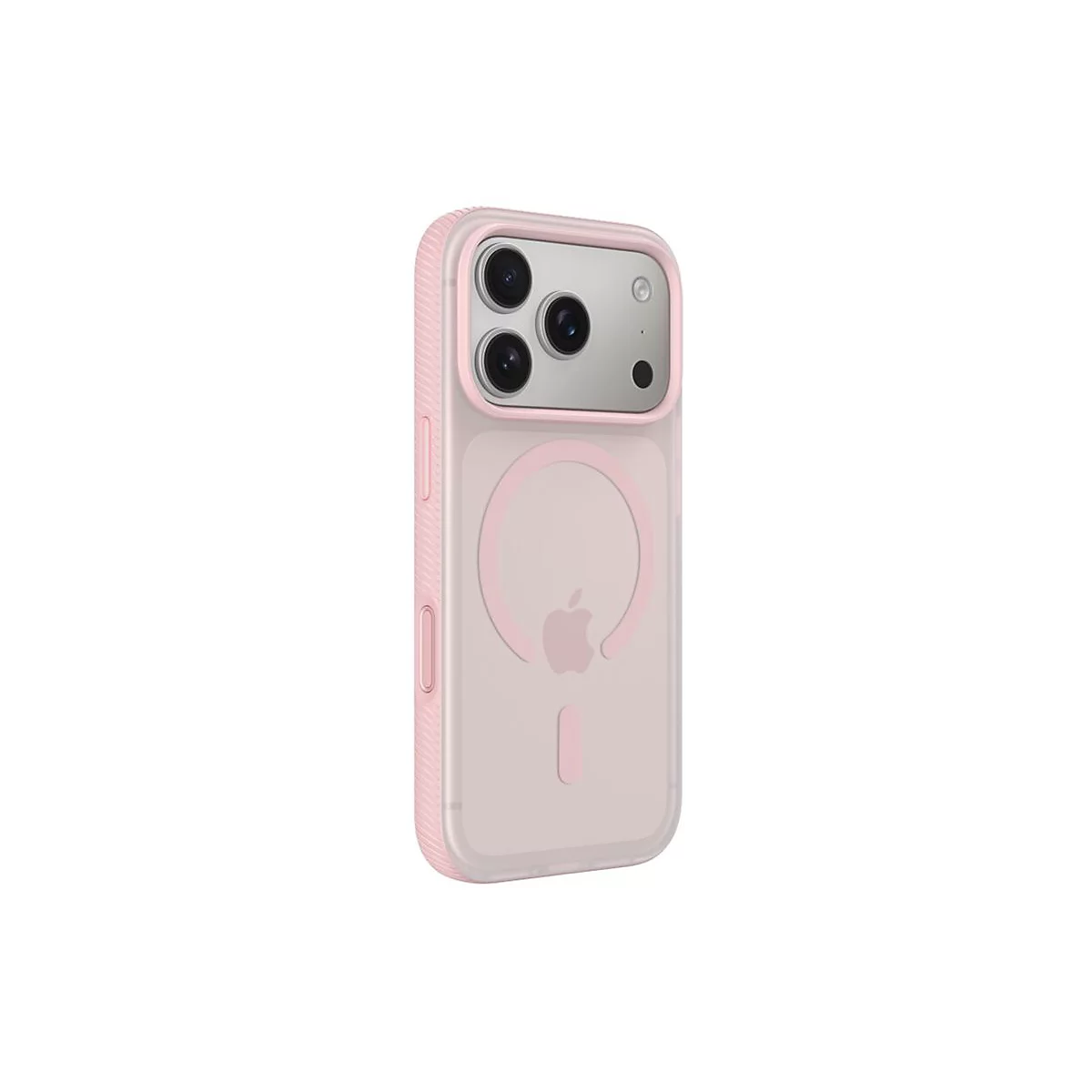 Coque de téléphone rose clair pour smartphone, avec découpe pour caméra et logo Apple au dos.