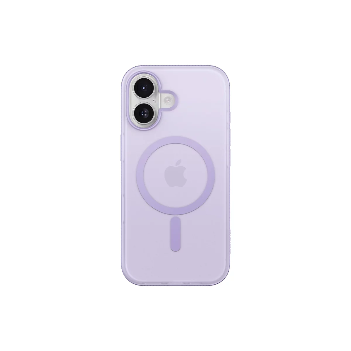 Coque de téléphone violet clair avec découpe pour appareil photo et logo Apple. Avec anneau MagSafe et champ magnétique.