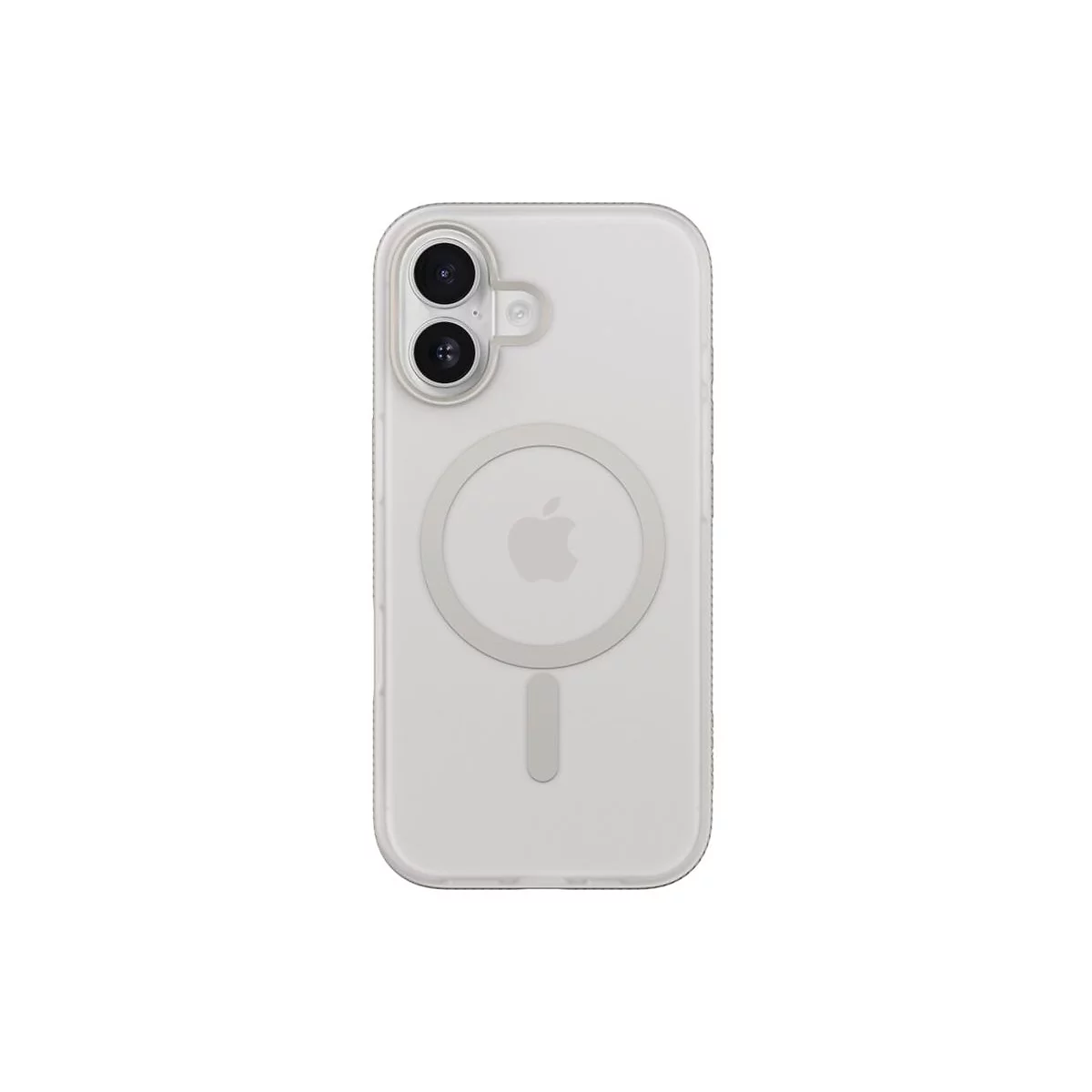 Coque de téléphone transparente avec découpe pour appareil photo et logo Apple, isolée sur fond blanc.