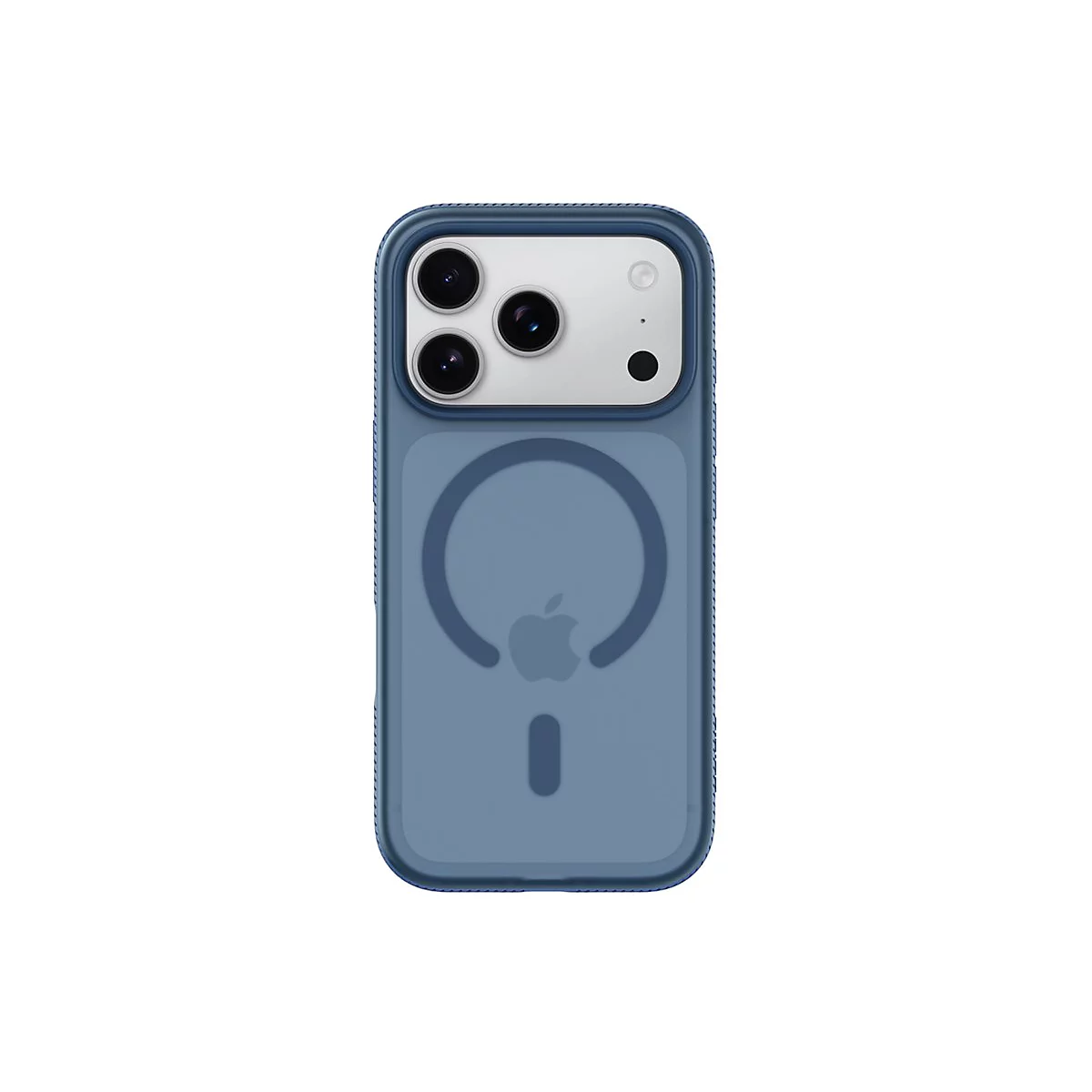 Coque iPhone bleue avec fonction MagSafe, appareil photo et logo Apple.