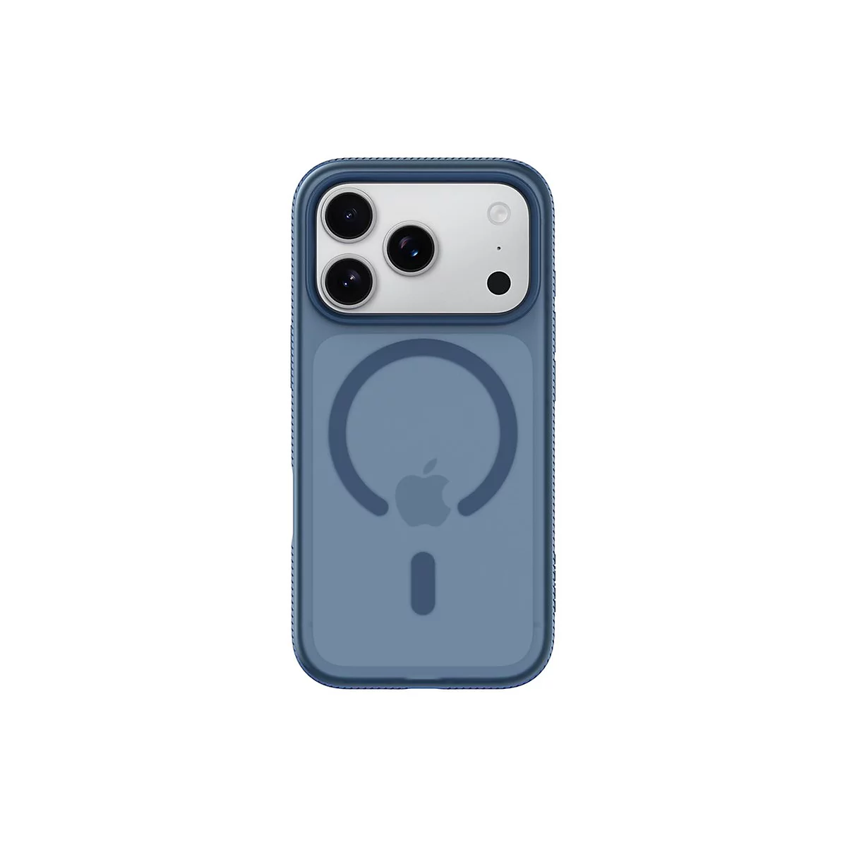 Coque iPhone bleue avec dos transparent, logo Apple et découpe pour l'appareil photo.