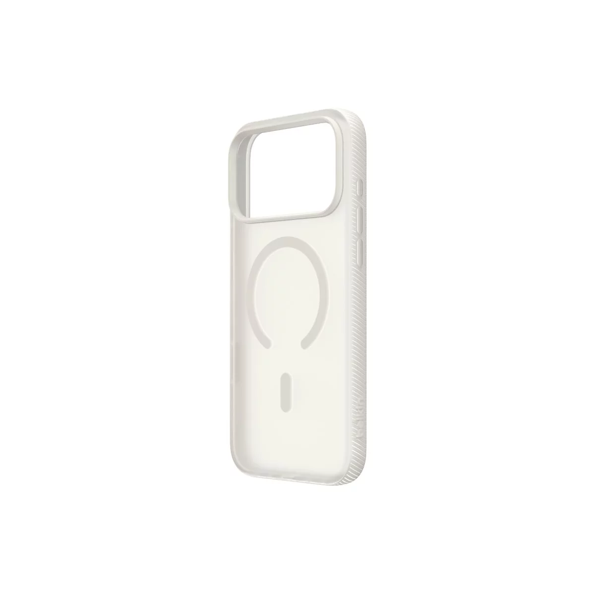 Coque de téléphone blanc clair pour un iPhone, avec des découpes pour l'appareil photo et les boutons, et un cercle de chargement magnétique.