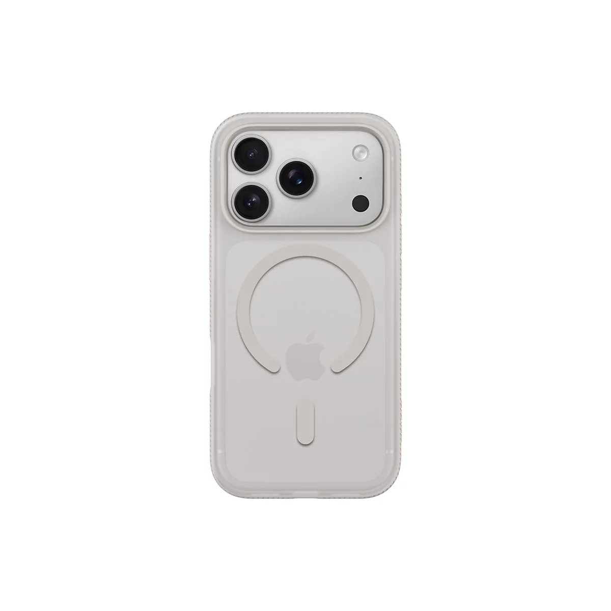 Coque de téléphone gris clair avec découpe pour appareil photo et logo Apple, indiquant la recharge MagSafe.