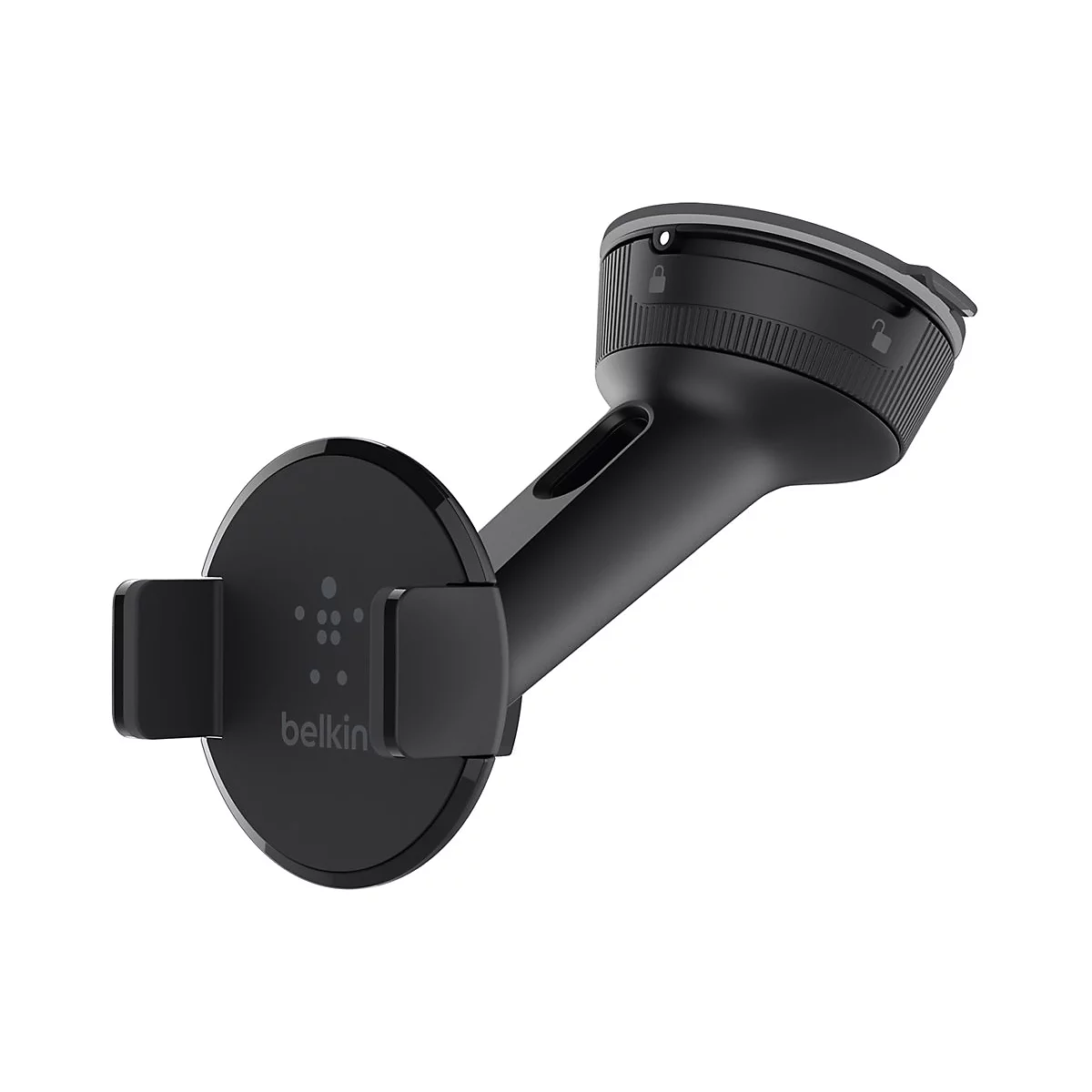Schwarze Autohalterung mit Belkin-Logo, die an einer Windschutzscheibe oder einem Armaturenbrett befestigt werden kann.