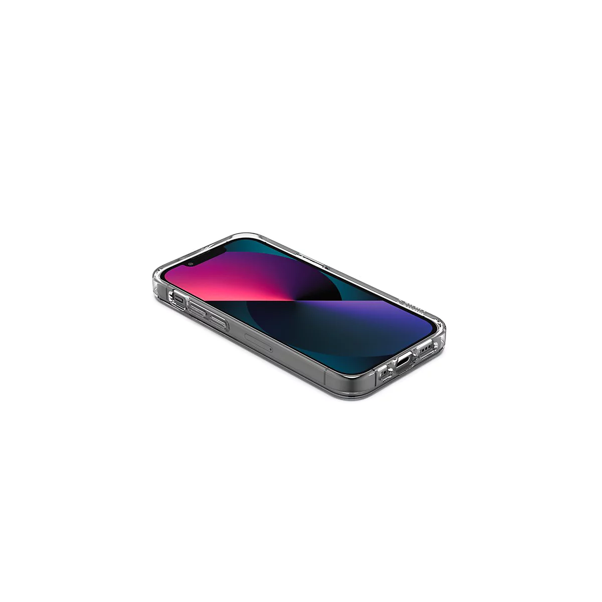 Ein iPhone in einer transparenten Schutzhülle, vor weißem Hintergrund. Der Bildschirm zeigt einen violett-blauen Farbverlauf.
