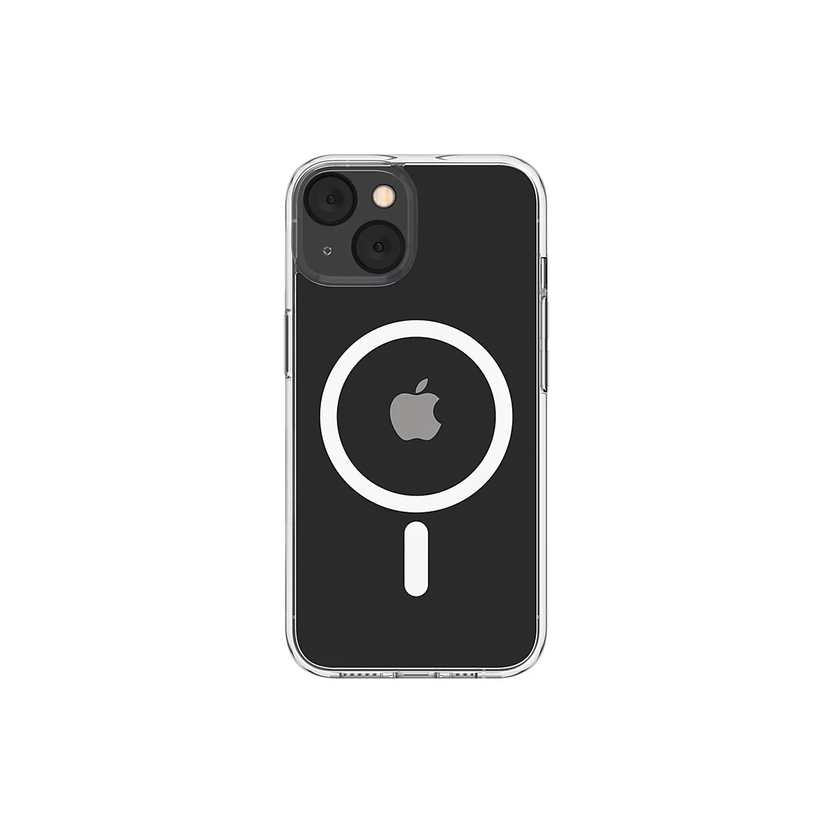 Durchsichtige Handyhülle für ein Apple iPhone. Auf der Rückseite ist ein schwarzer Kreis mit dem Apple-Logo und ein Magnet-Symbol zu sehen.