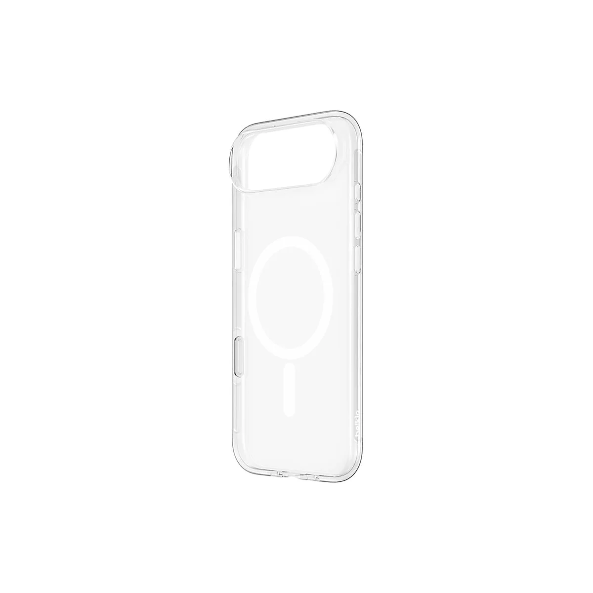 Coque de téléphone transparente avec fonction MagSafe, logo Belkin.