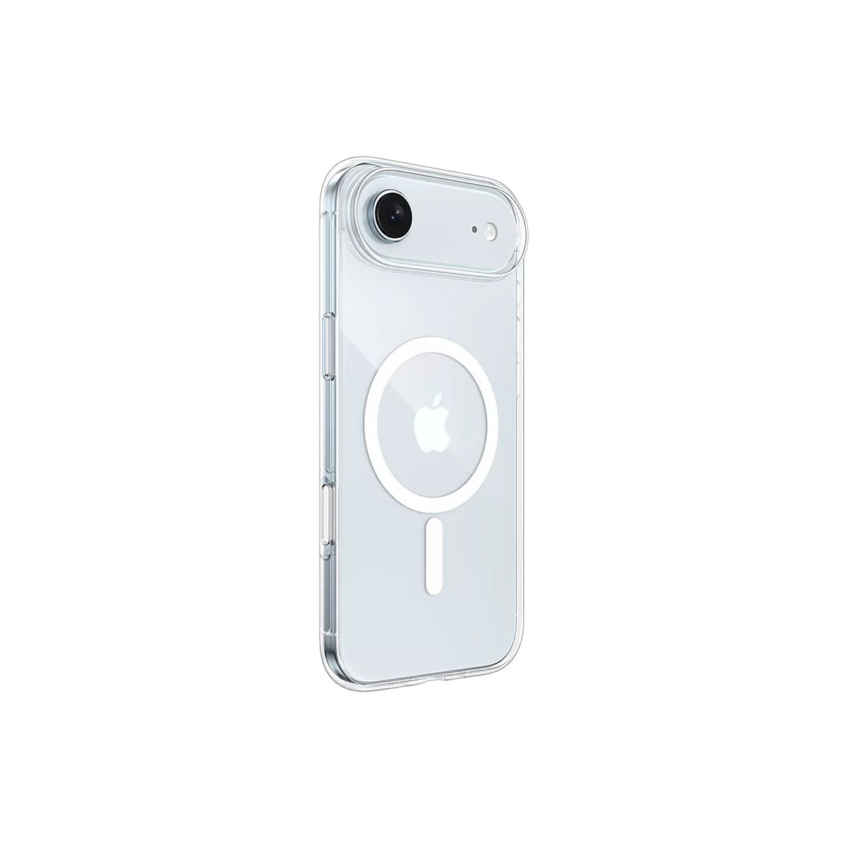 Coque de téléphone transparente avec fonction MagSafe et logo Apple, isolée sur fond blanc.