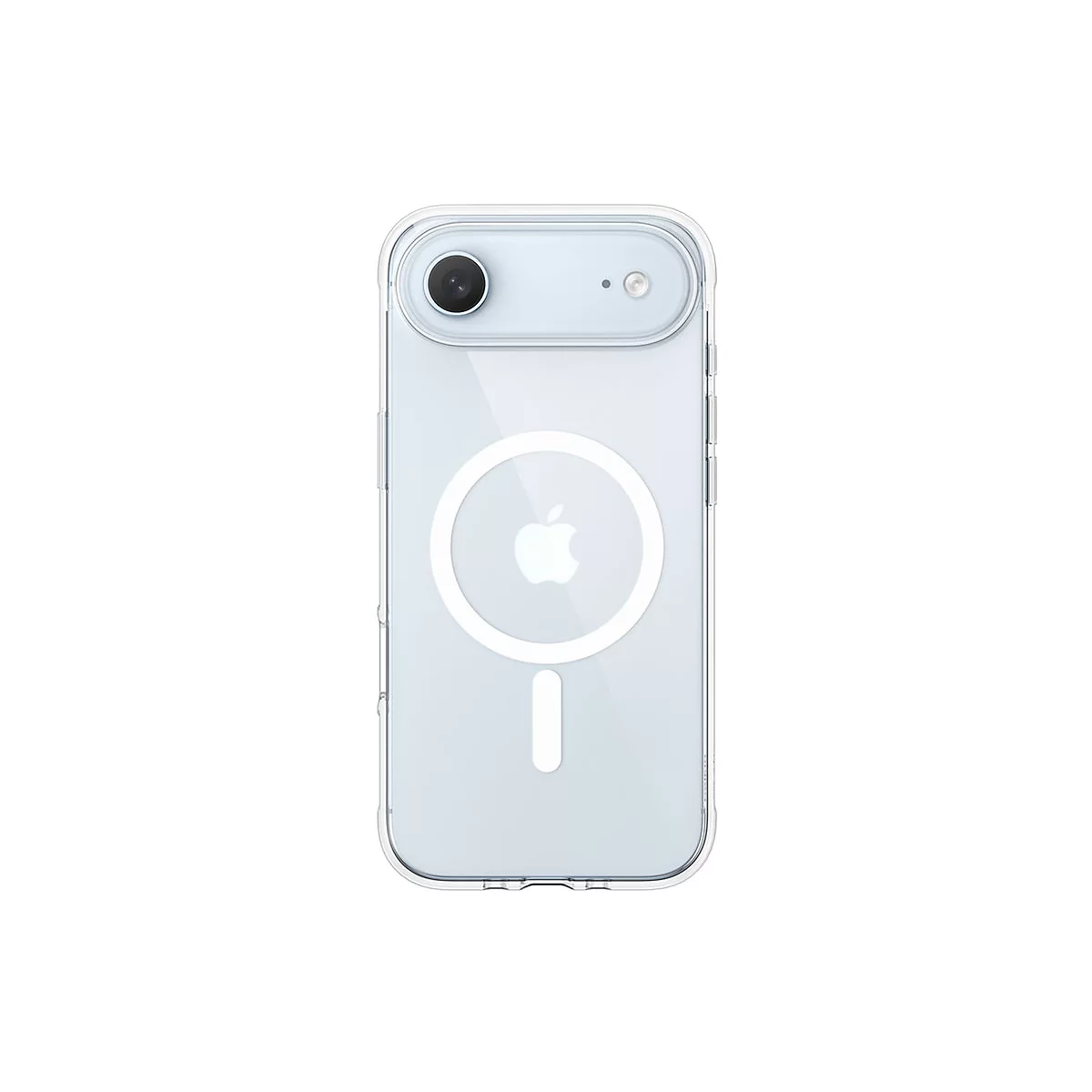 Coque de téléphone transparente avec appareil photo et logo Apple.