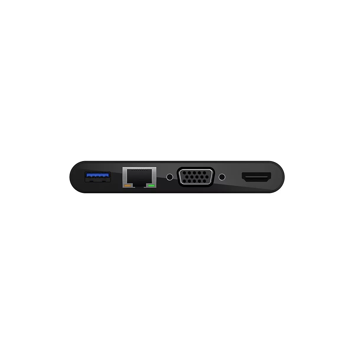 Schwarzer Adapter mit Anschlüssen für USB, Netzwerk, VGA und HDMI, auf weißem Hintergrund.