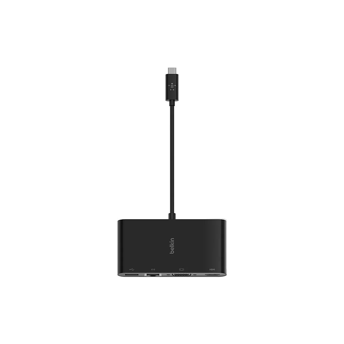 Schwarzer USB-C-Hub mit Kabel. Auf dem Hub sind Anschlüsse für USB, Ethernet, VGA und HDMI erkennbar. Das Belkin-Logo ist sichtbar.