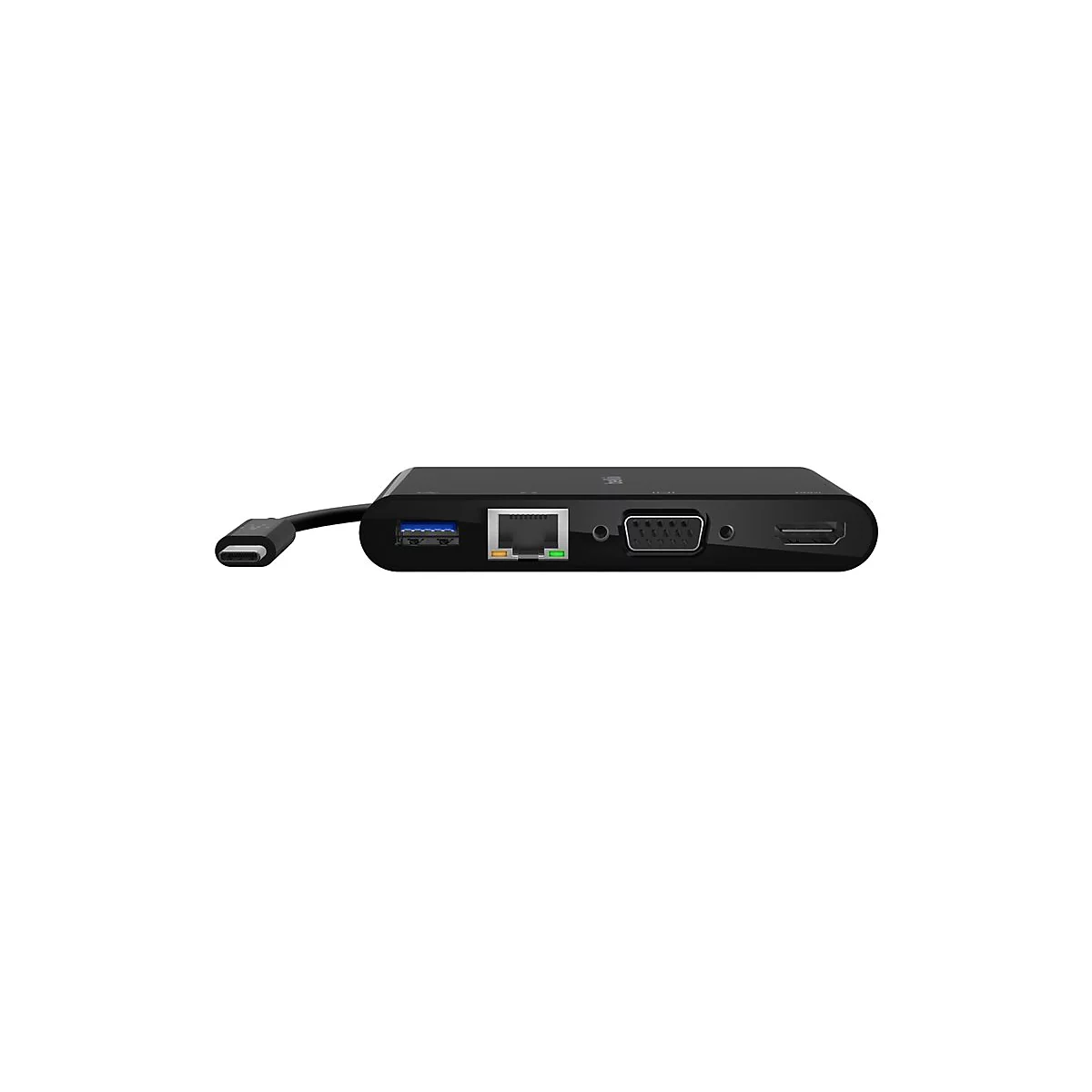 Schwarzer USB-C-Hub mit verschiedenen Anschlüssen wie USB, HDMI und Netzwerk.