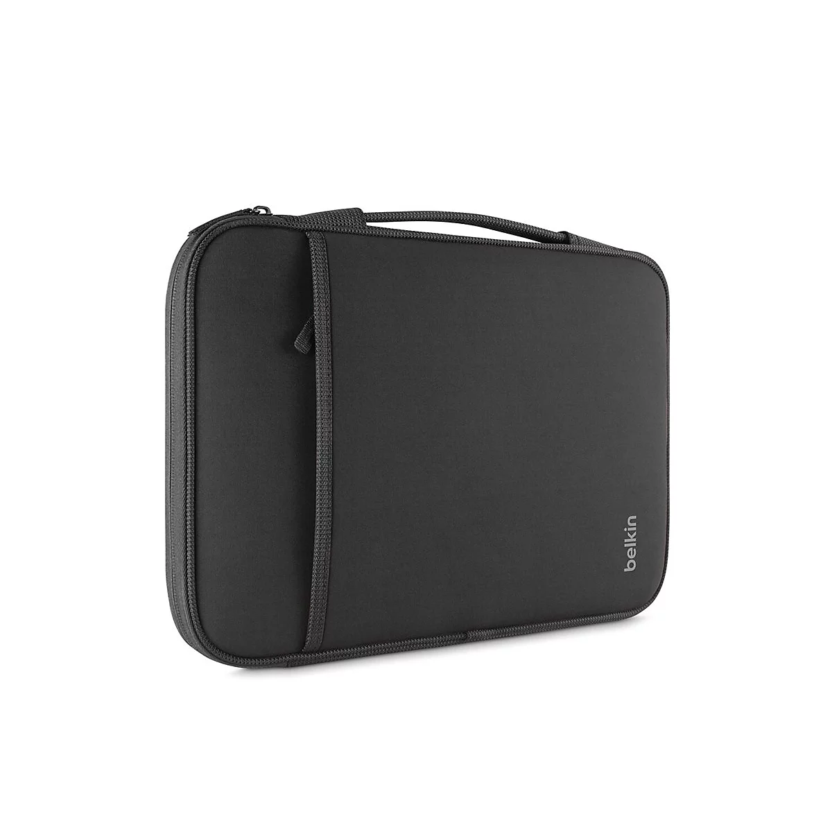 Schwarze Laptop-Hülle mit Reißverschluss, Griff und Belkin-Logo.