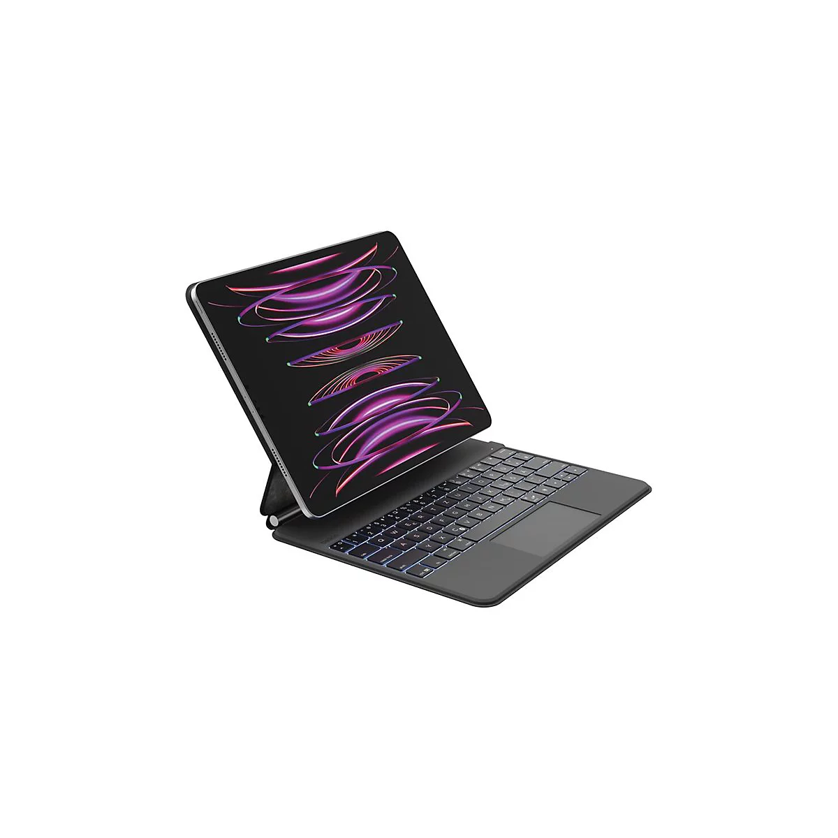 Une tablette noire avec clavier, le clavier est éclairé et la tablette affiche un motif abstrait en violet et rose.