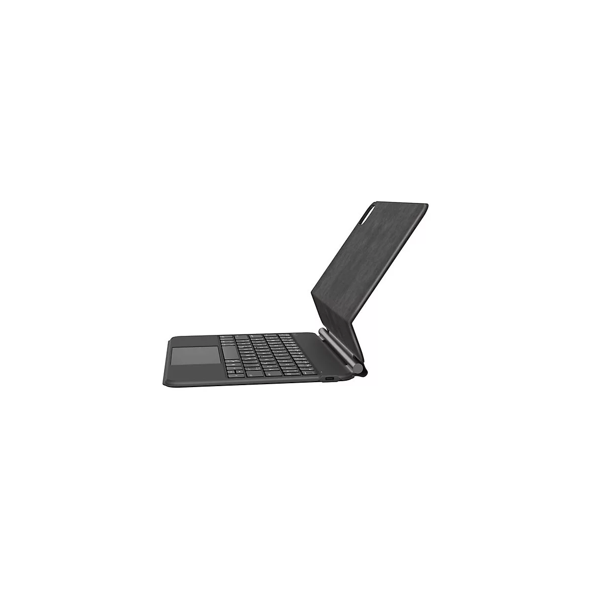 Clavier de tablette noir avec pavé tactile et porte-stylo, déplié sur fond blanc.